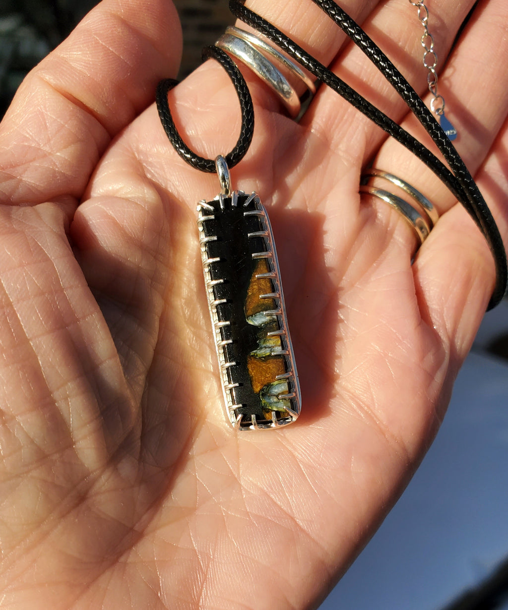 Fossilized Mammoth Tooth Bar Pendant Necklace in Solid Sterling Silver