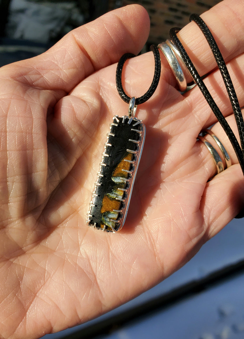 Fossilized Mammoth Tooth Bar Pendant Necklace in Solid Sterling Silver