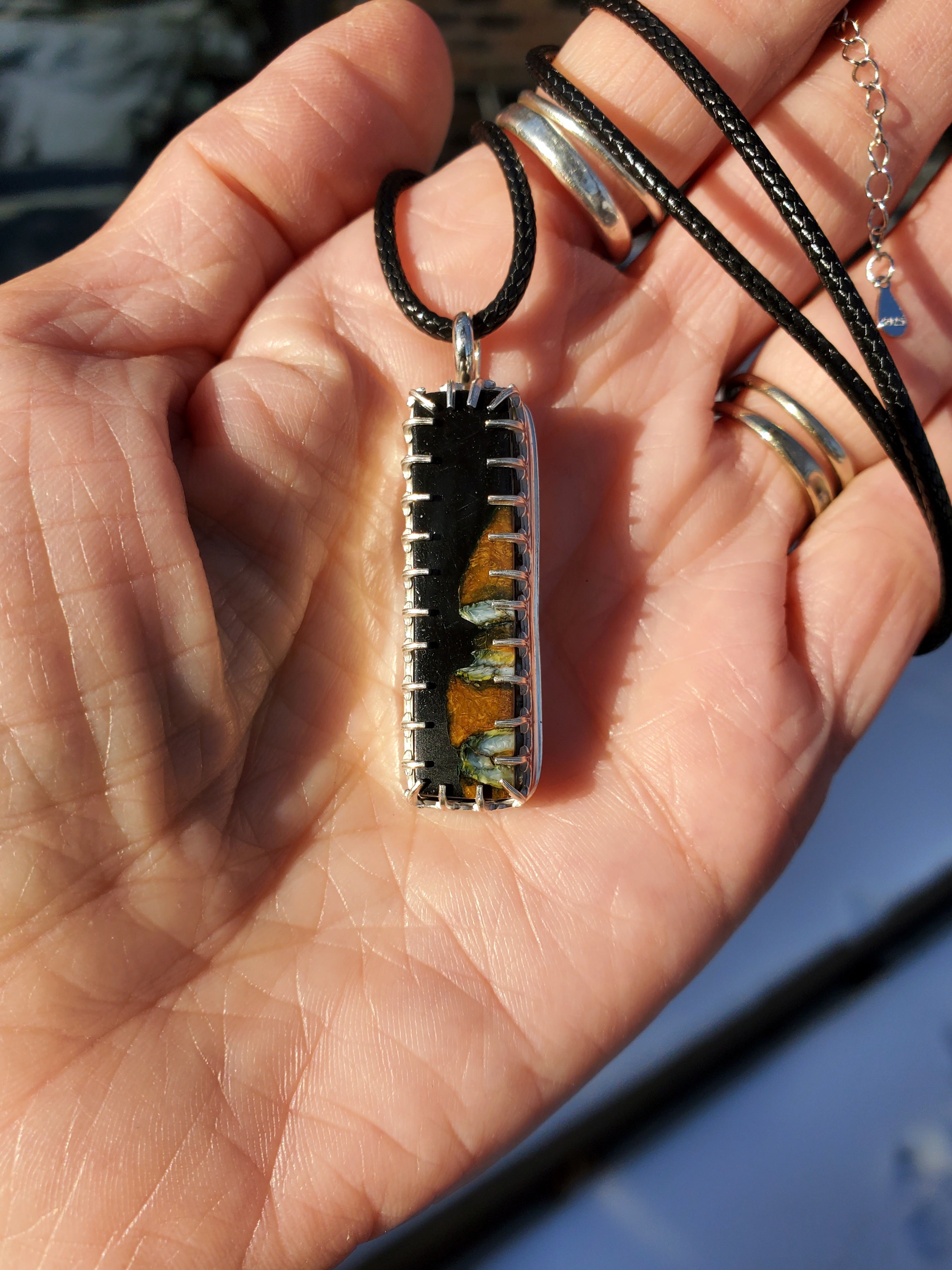 Fossilized Mammoth Tooth Bar Pendant Necklace in Solid Sterling Silver