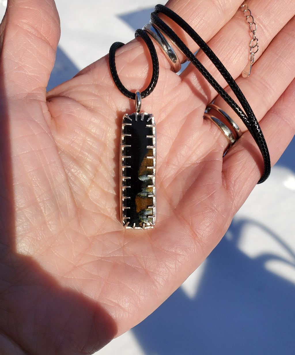 Fossilized Mammoth Tooth Bar Pendant Necklace in Solid Sterling Silver