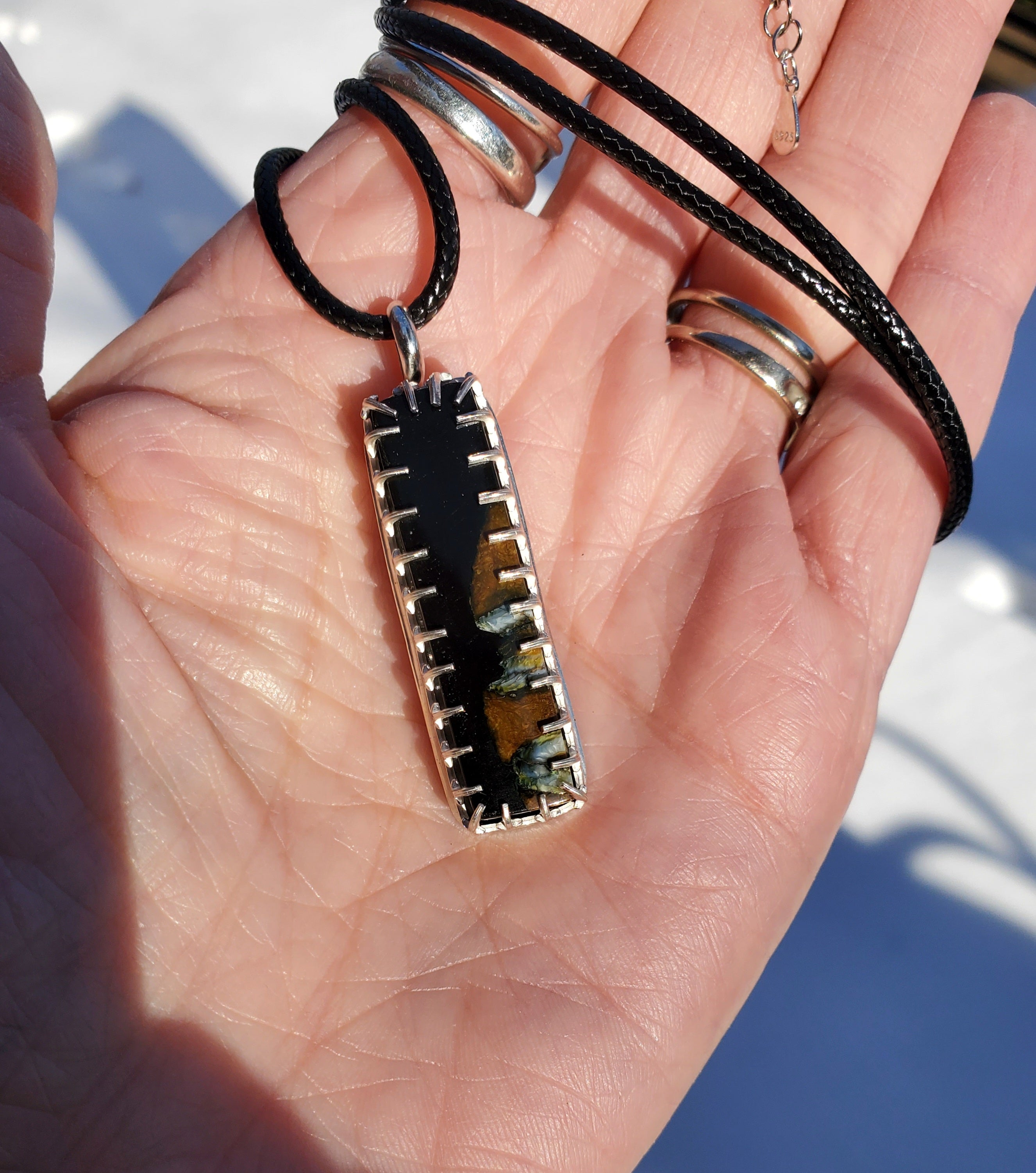 Fossilized Mammoth Tooth Bar Pendant Necklace in Solid Sterling Silver