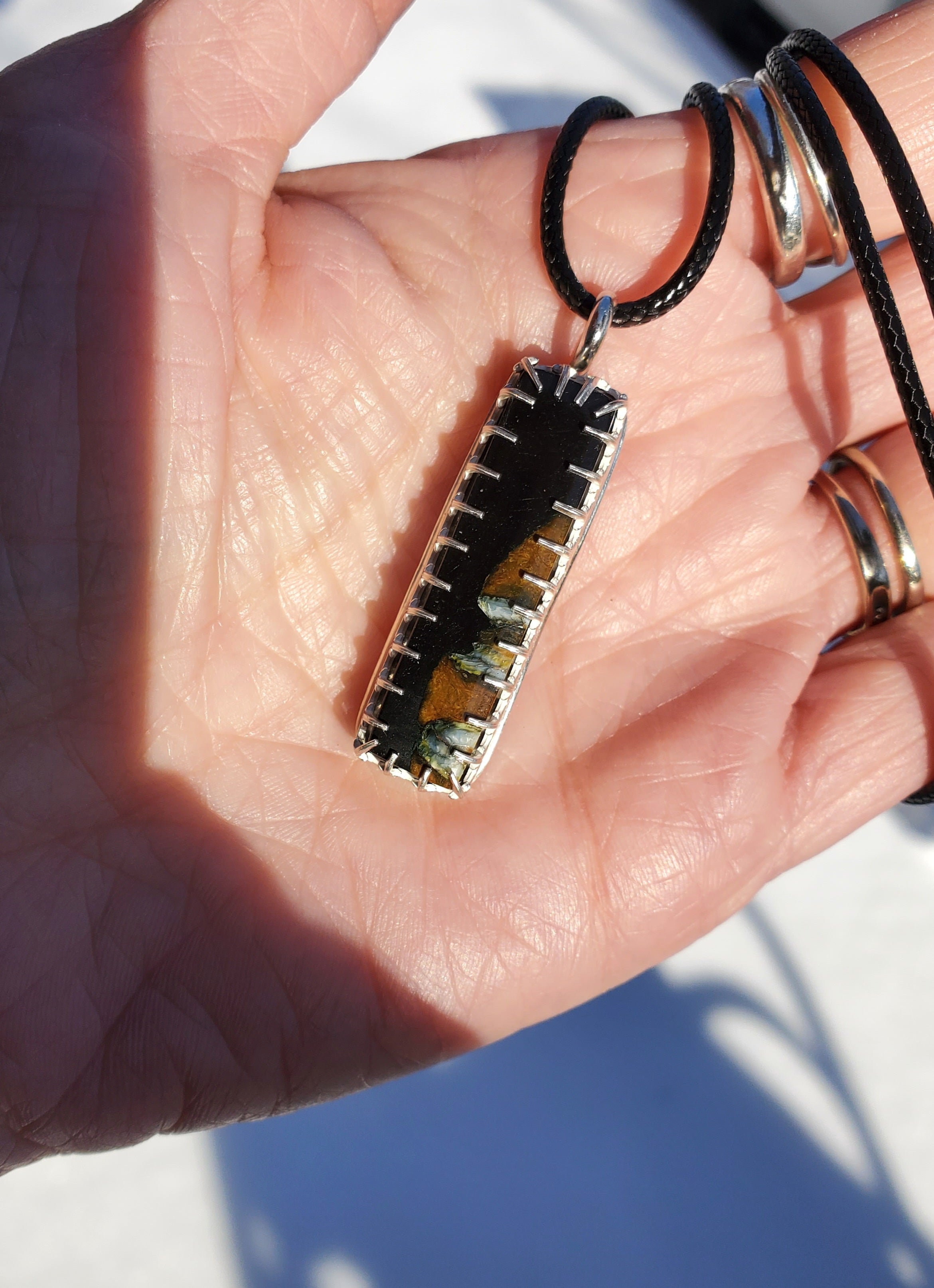 Fossilized Mammoth Tooth Bar Pendant Necklace in Solid Sterling Silver