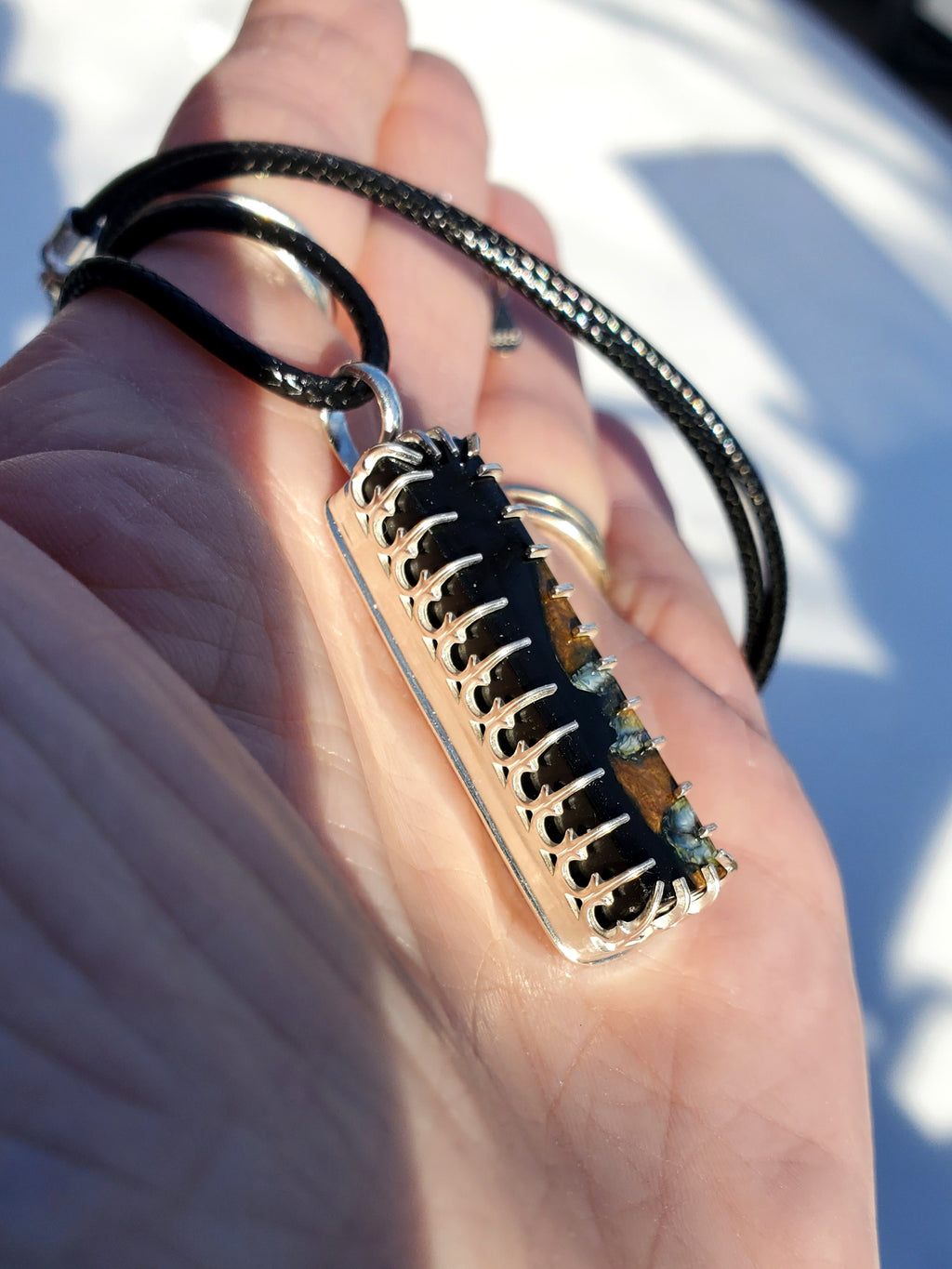 Fossilized Mammoth Tooth Bar Pendant Necklace in Solid Sterling Silver