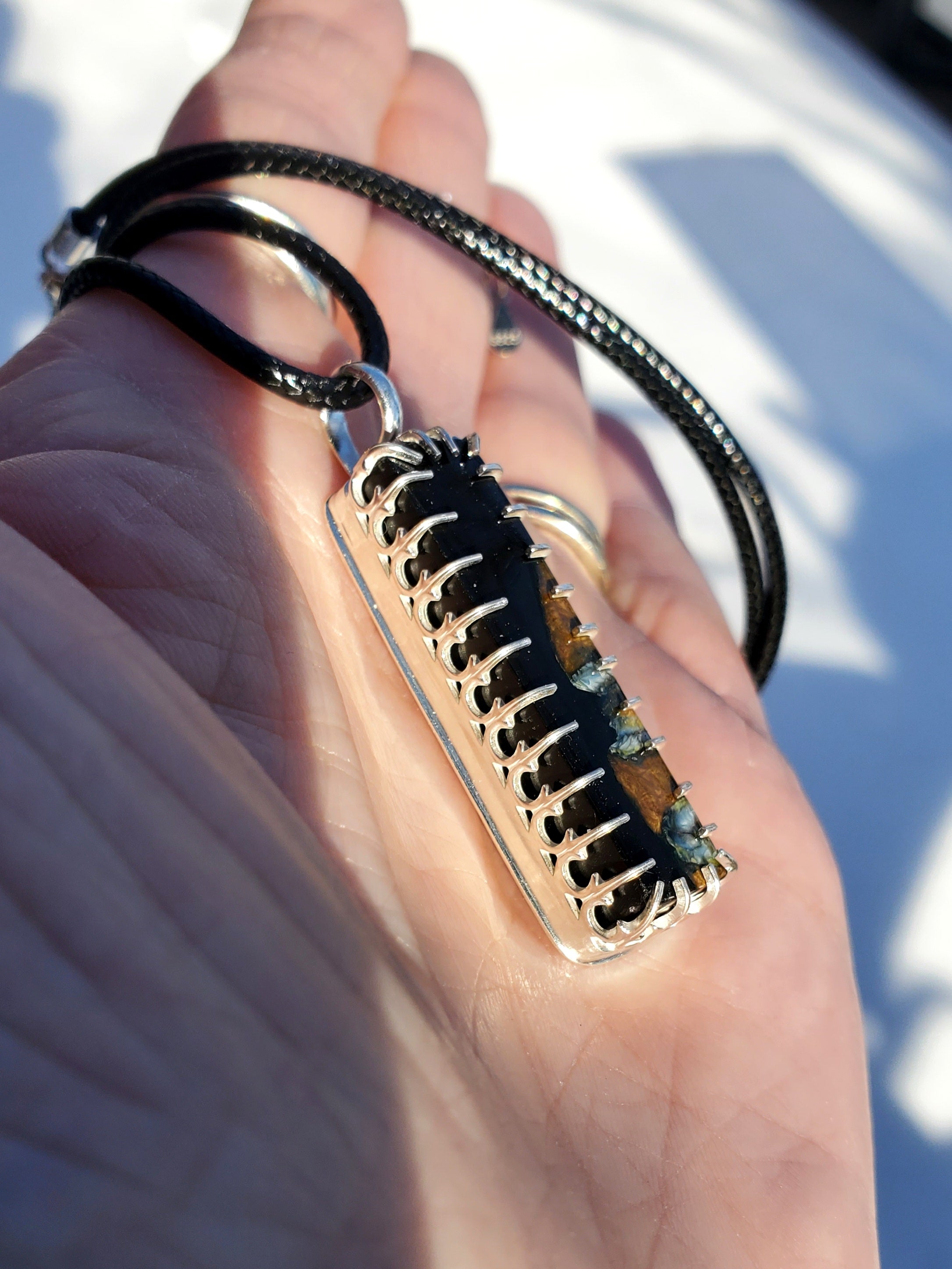 Fossilized Mammoth Tooth Bar Pendant Necklace in Solid Sterling Silver