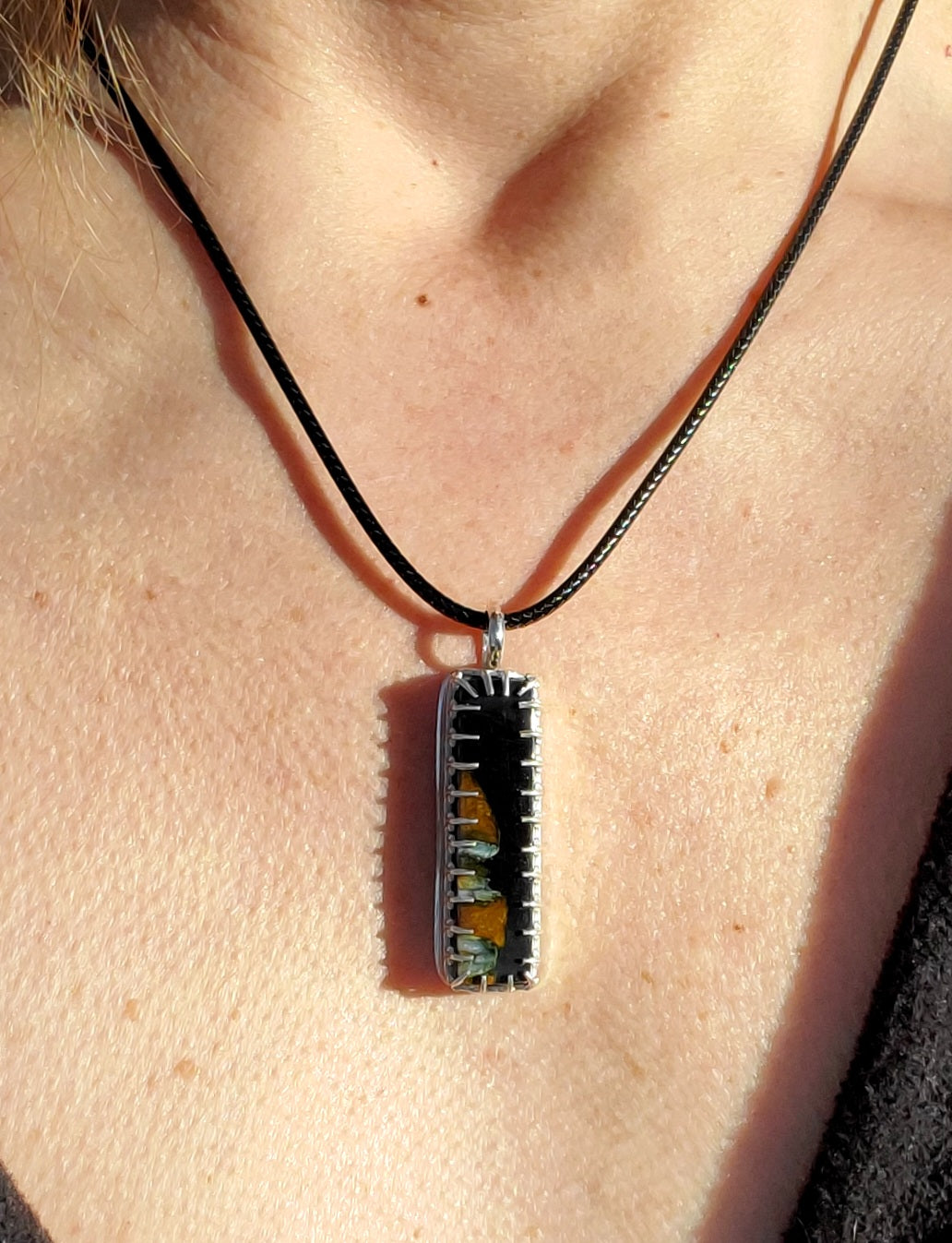 Fossilized Mammoth Tooth Bar Pendant Necklace in Solid Sterling Silver