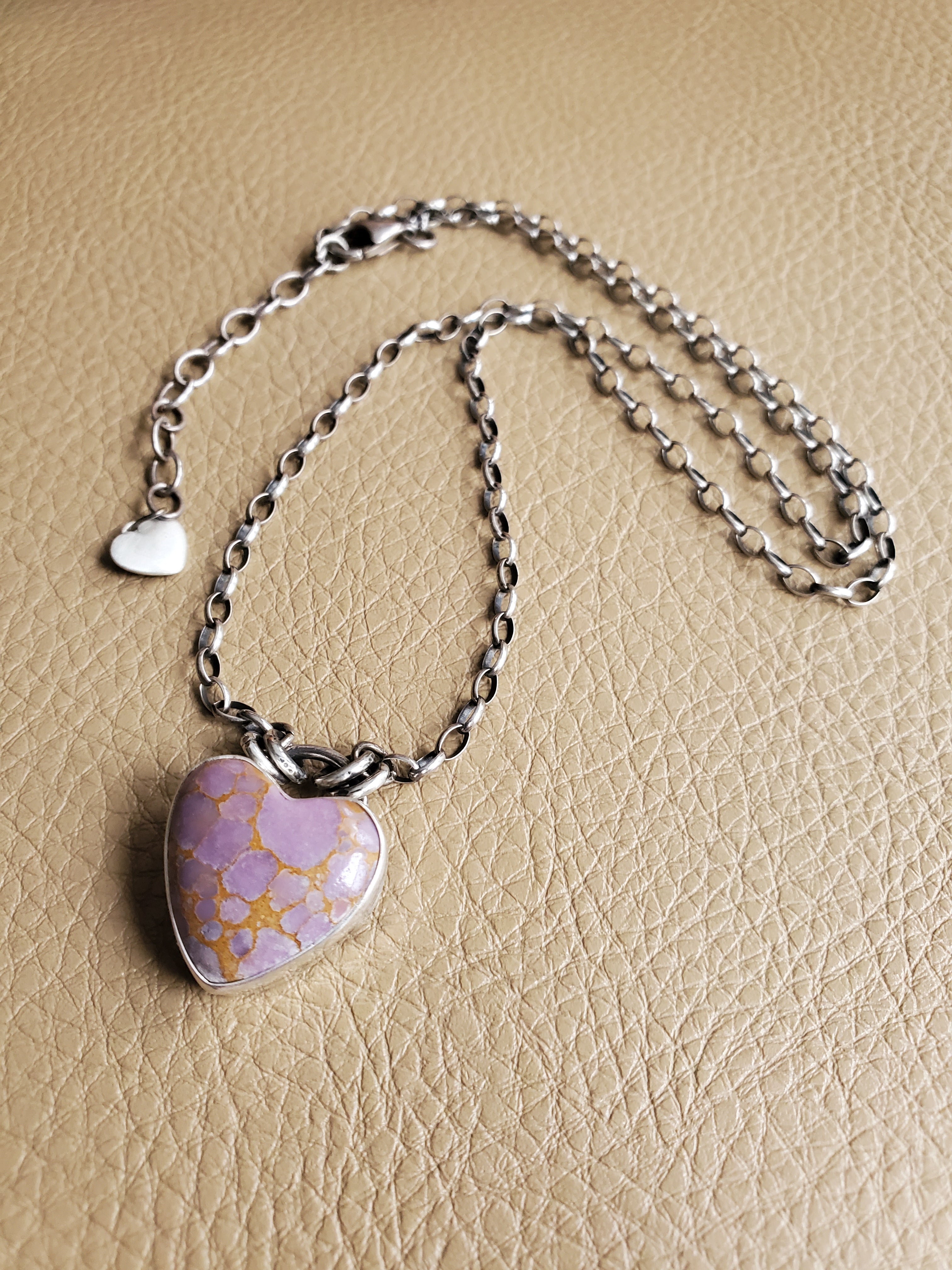 Phosphosiderite Heart Pendant in Solid Sterling Silver on Beautiful Thick Sterling Chain