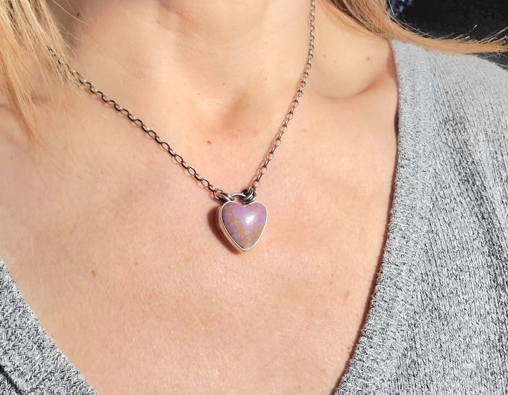 Phosphosiderite Heart Pendant in Solid Sterling Silver on Beautiful Thick Sterling Chain