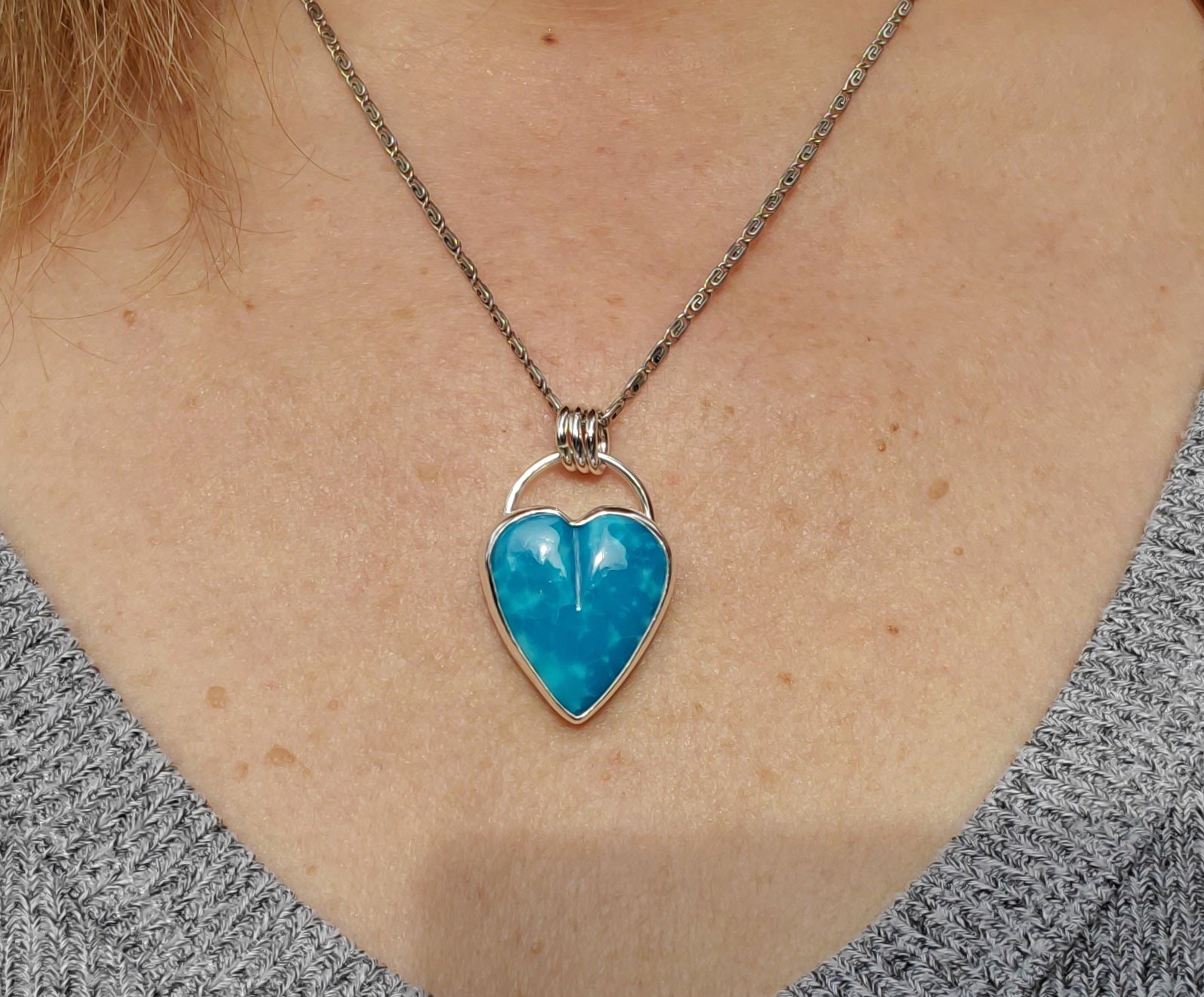 High Grade Turquoise Heart Pendant Necklace in Solid Sterling Silver!