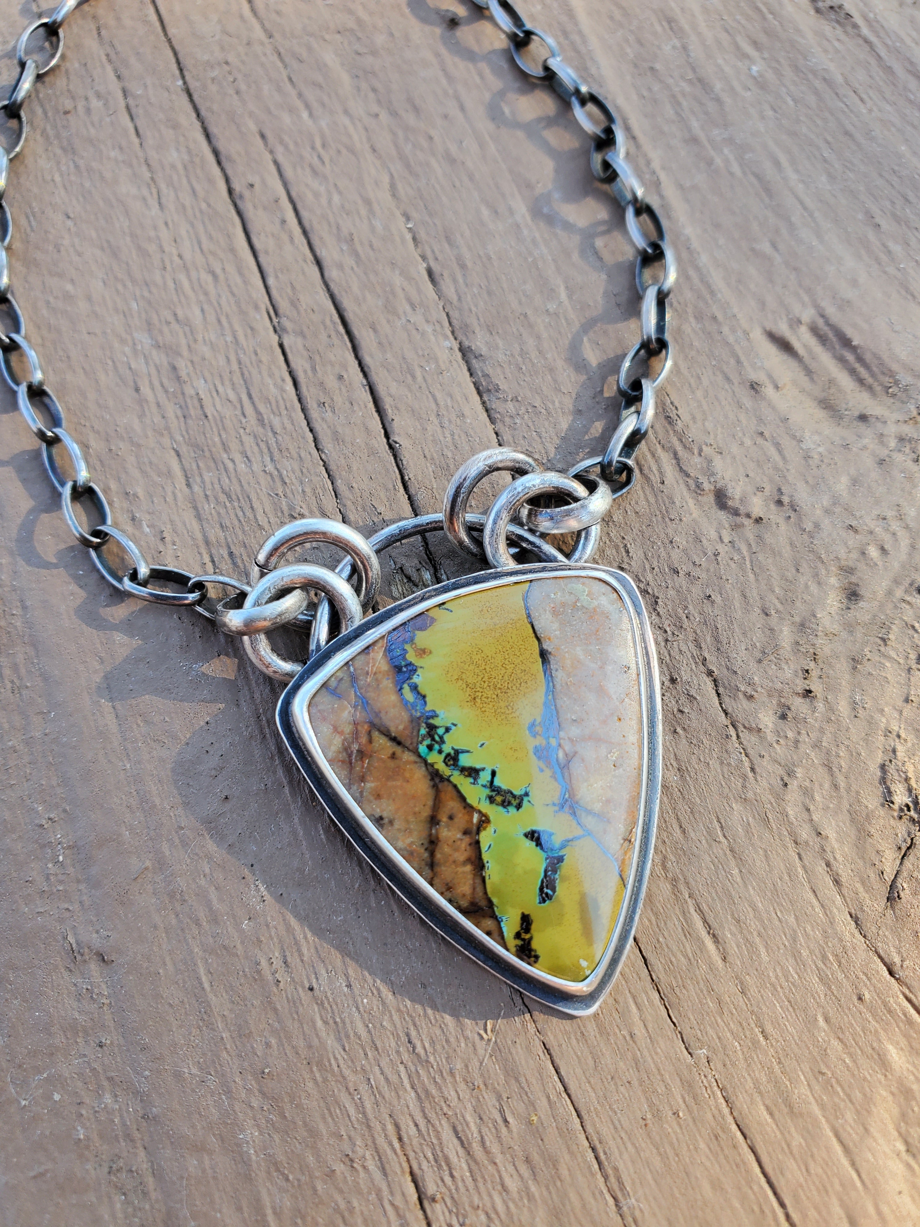 Amazing Royston Ribbon Turquoise Pendant Necklace with YELLOW Ribbon in Solid Sterling Silver