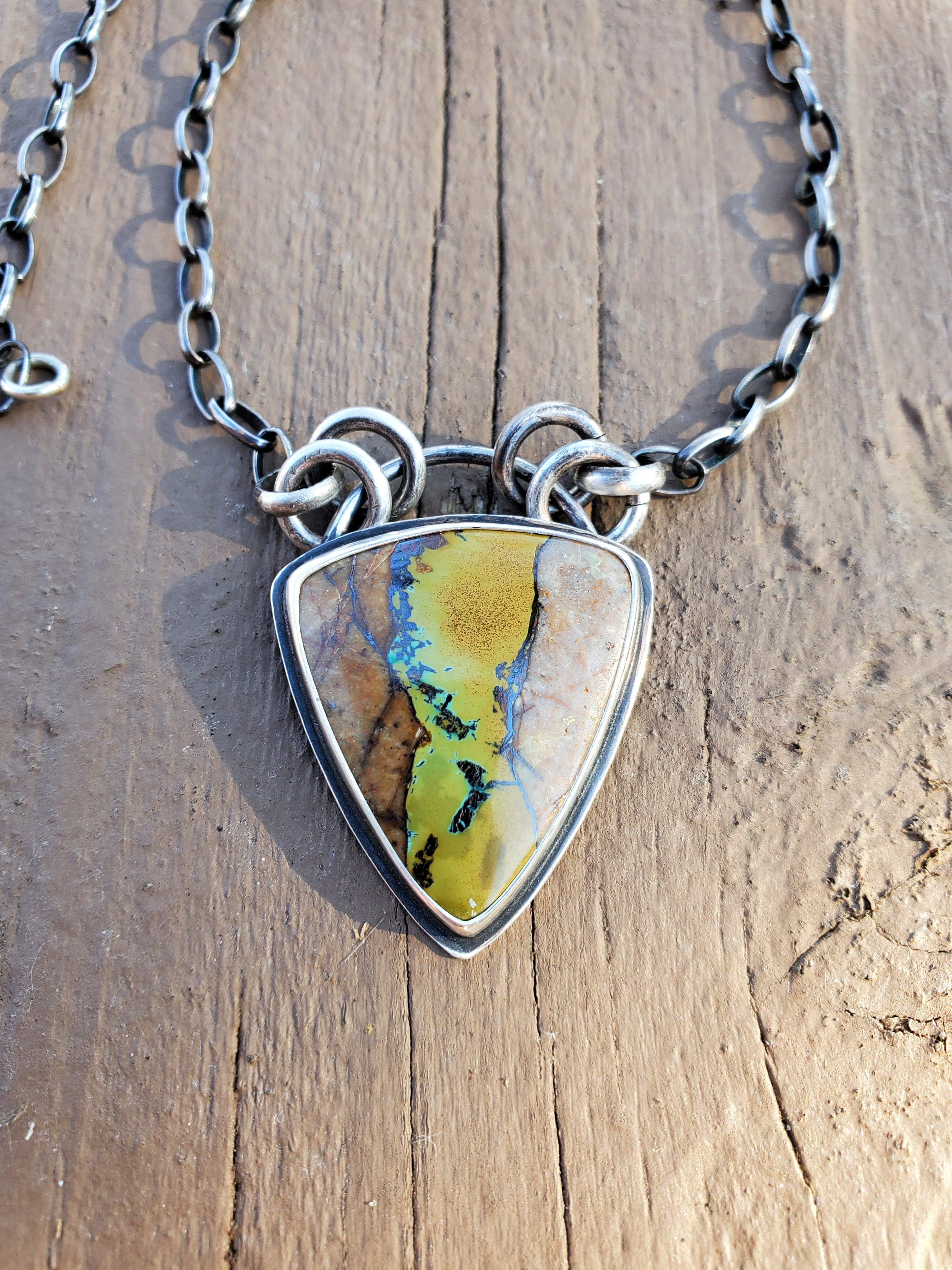 Amazing Royston Ribbon Turquoise Pendant Necklace with YELLOW Ribbon in Solid Sterling Silver