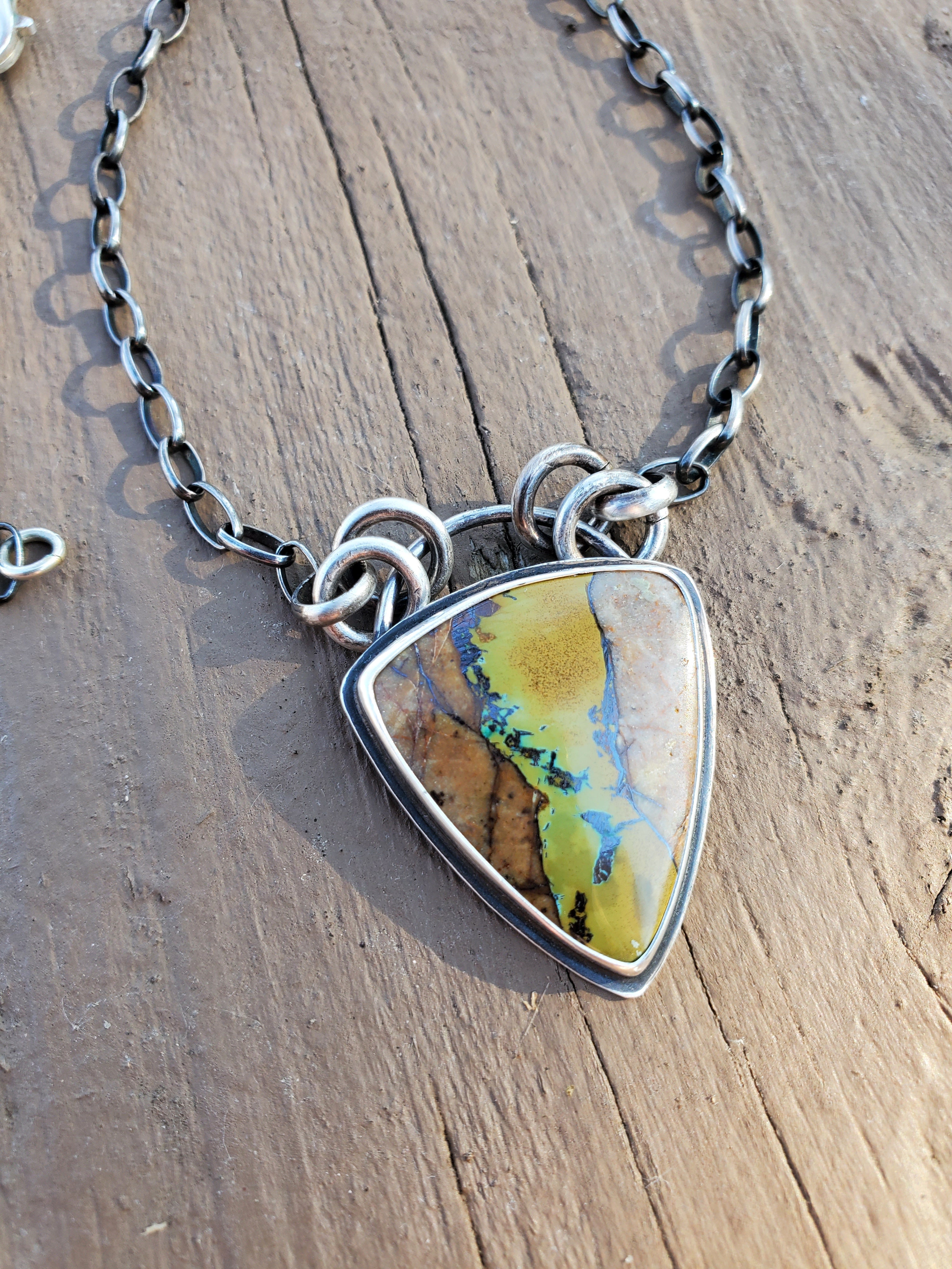 Amazing Royston Ribbon Turquoise Pendant Necklace with YELLOW Ribbon in Solid Sterling Silver