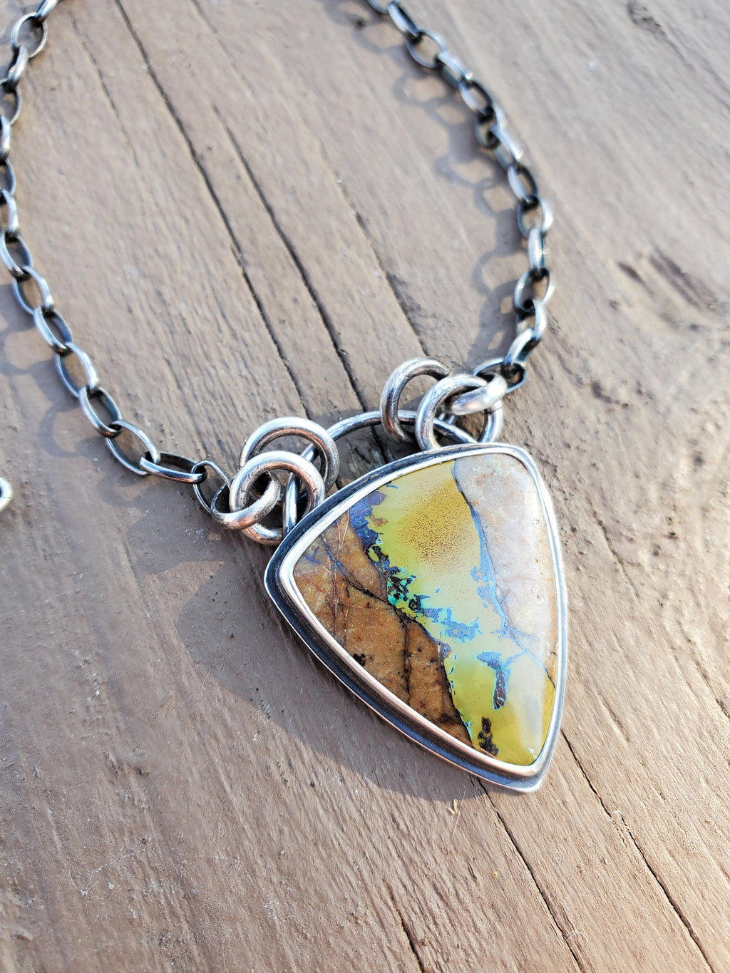 Amazing Royston Ribbon Turquoise Pendant Necklace with YELLOW Ribbon in Solid Sterling Silver