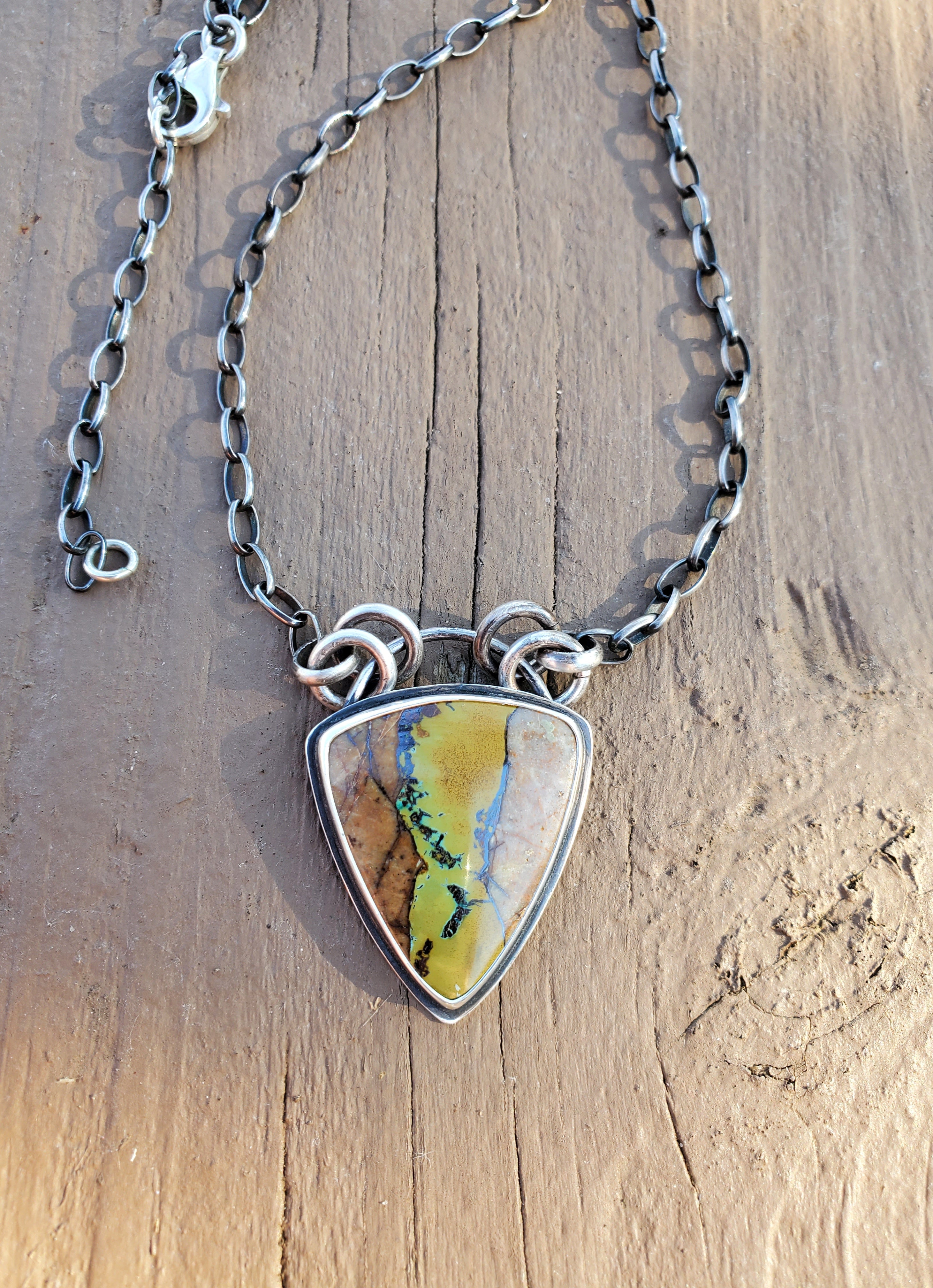 Amazing Royston Ribbon Turquoise Pendant Necklace with YELLOW Ribbon in Solid Sterling Silver