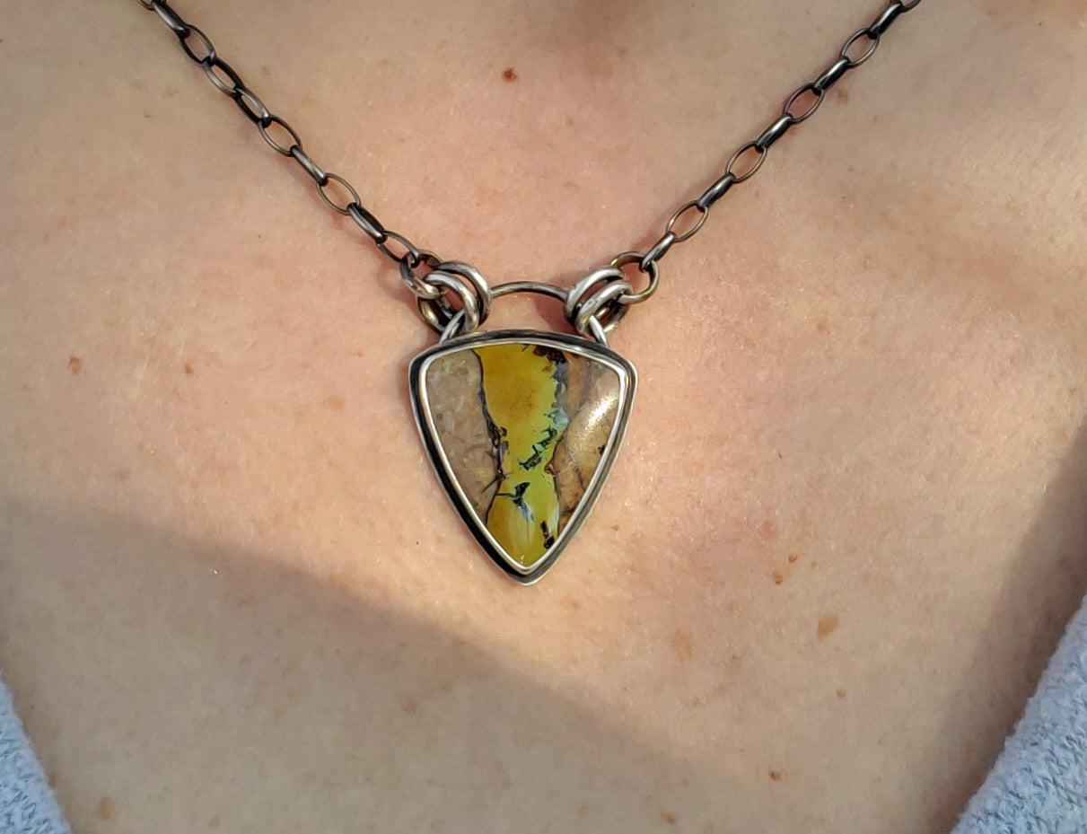 Amazing Royston Ribbon Turquoise Pendant Necklace with YELLOW Ribbon in Solid Sterling Silver