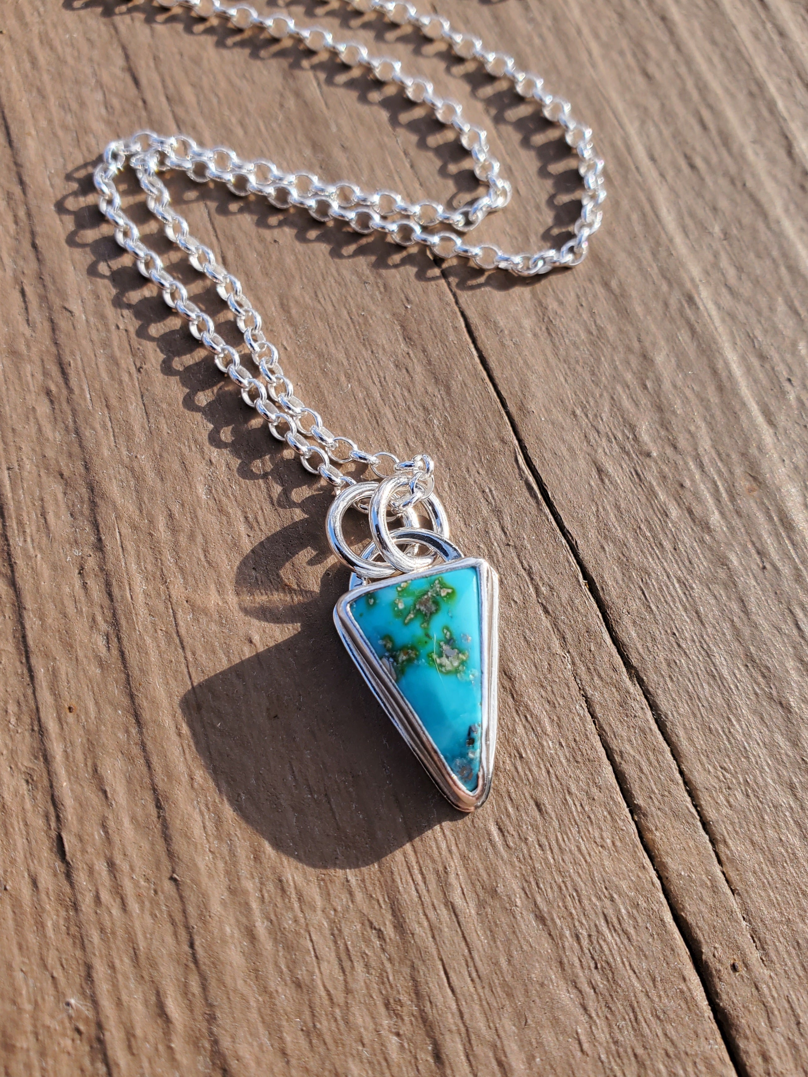 Sonoran Mountain Turquoise Inverted Triangle Pendant Necklace in Solid Sterling Silver