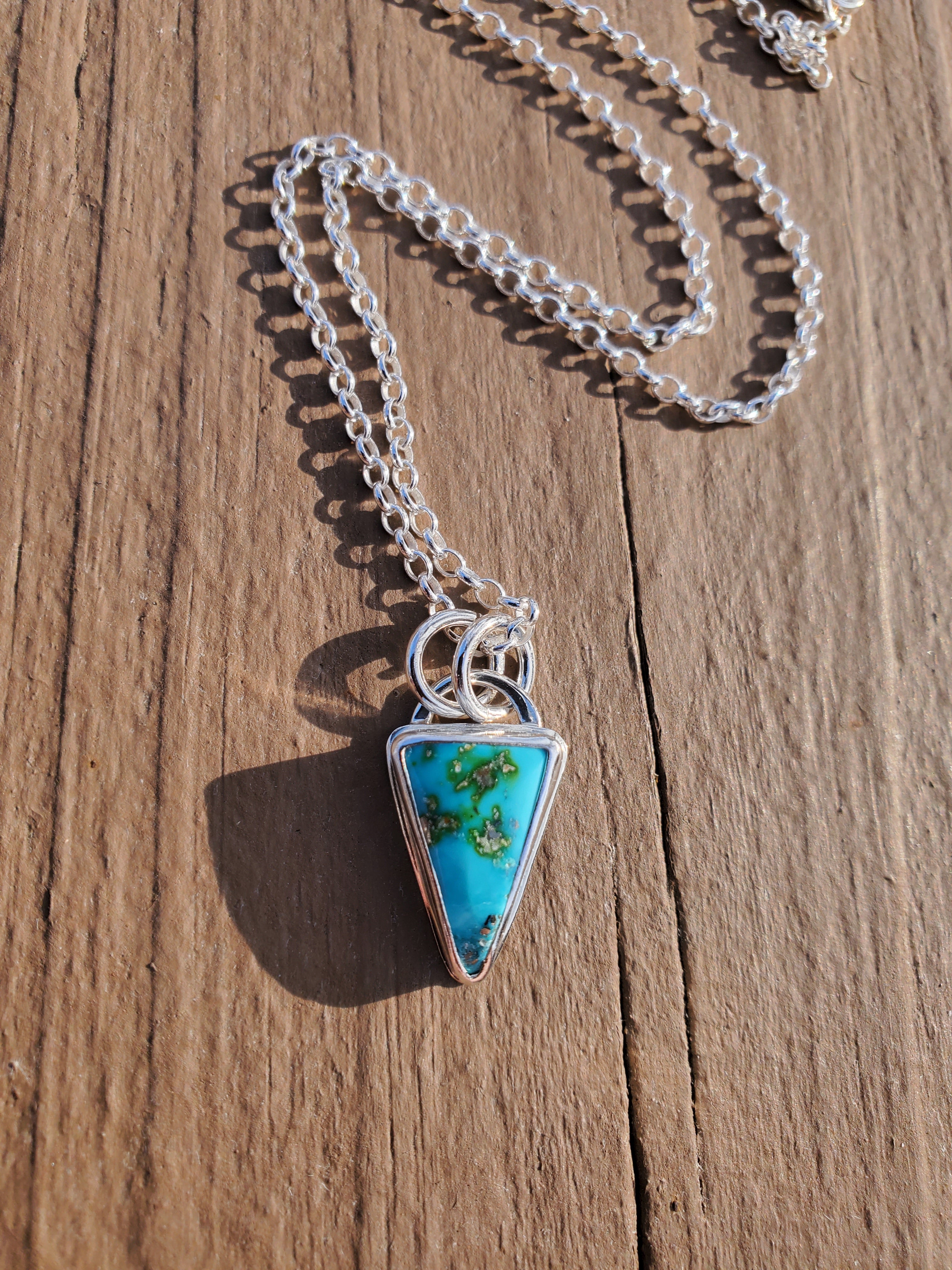 Sonoran Mountain Turquoise Inverted Triangle Pendant Necklace in Solid Sterling Silver