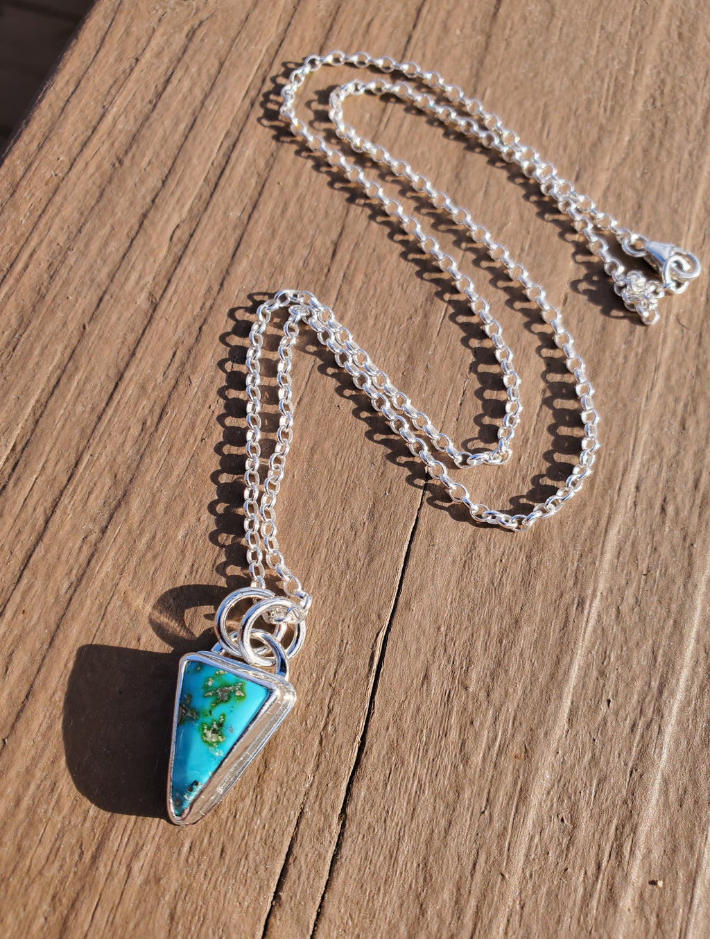 Sonoran Mountain Turquoise Inverted Triangle Pendant Necklace in Solid Sterling Silver