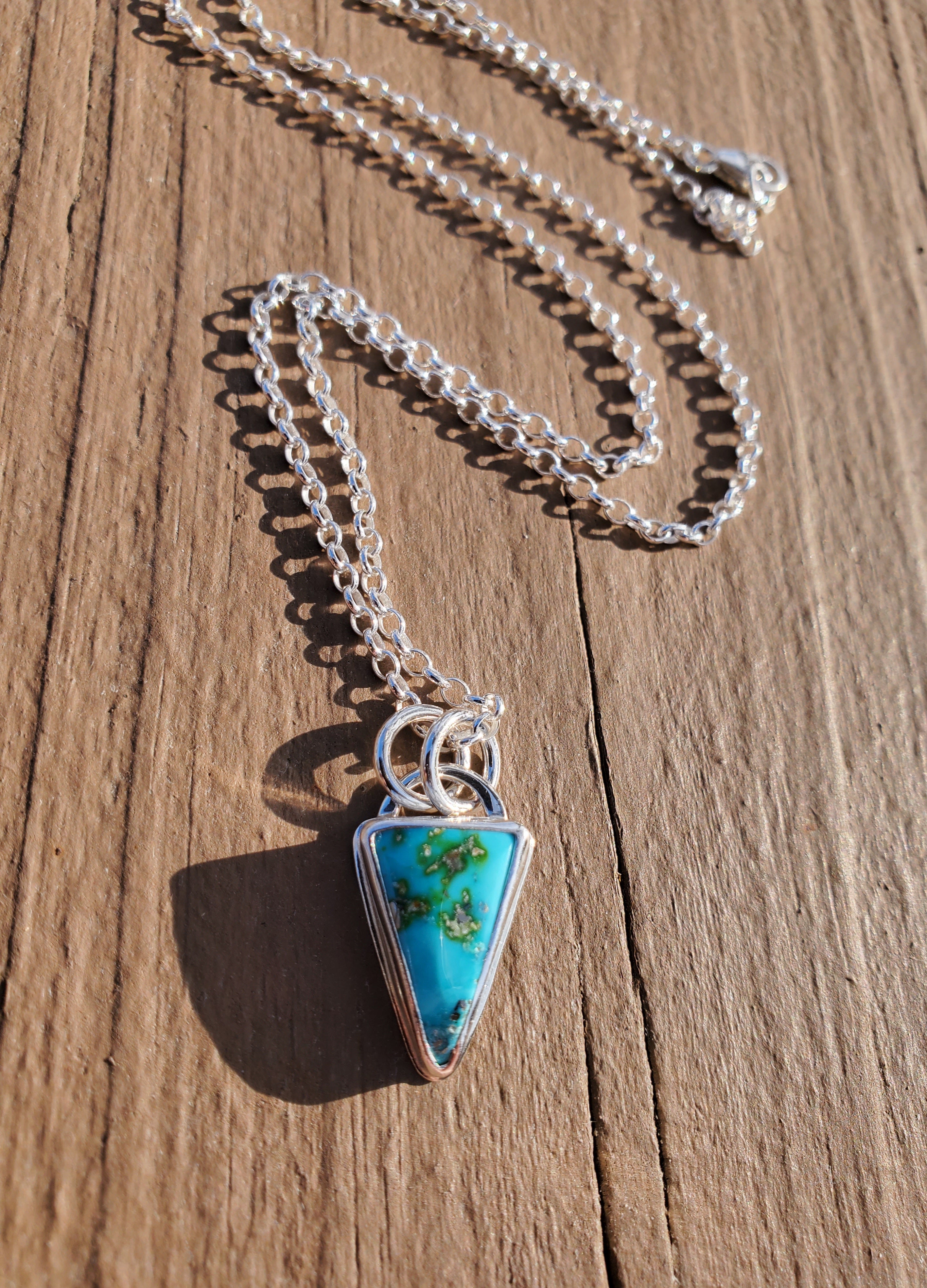 Sonoran Mountain Turquoise Inverted Triangle Pendant Necklace in Solid Sterling Silver