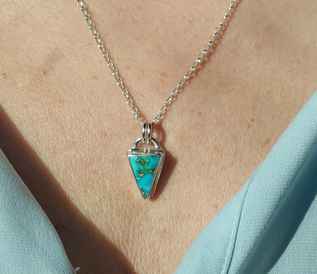 Sonoran Mountain Turquoise Inverted Triangle Pendant Necklace in Solid Sterling Silver
