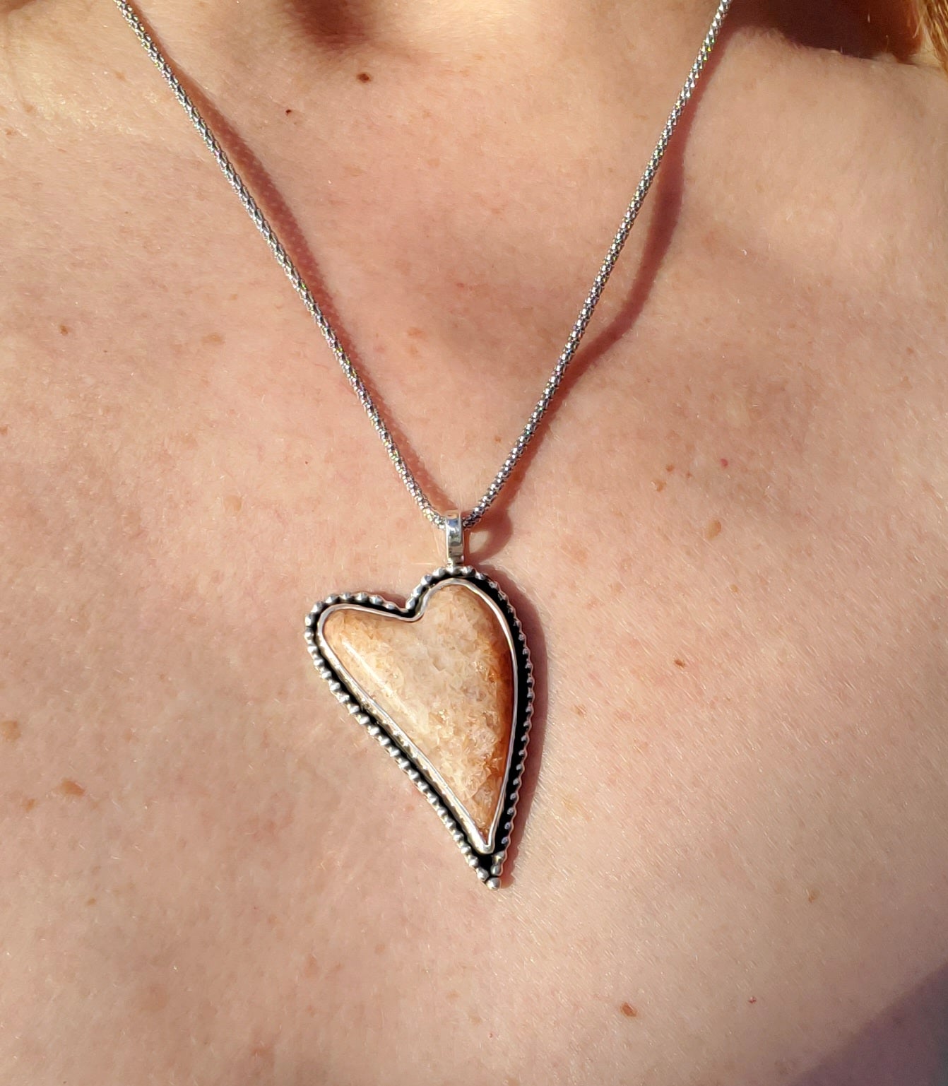 Sunstone Elongated Lopsided Heart Pendant in Solid Sterling Silver