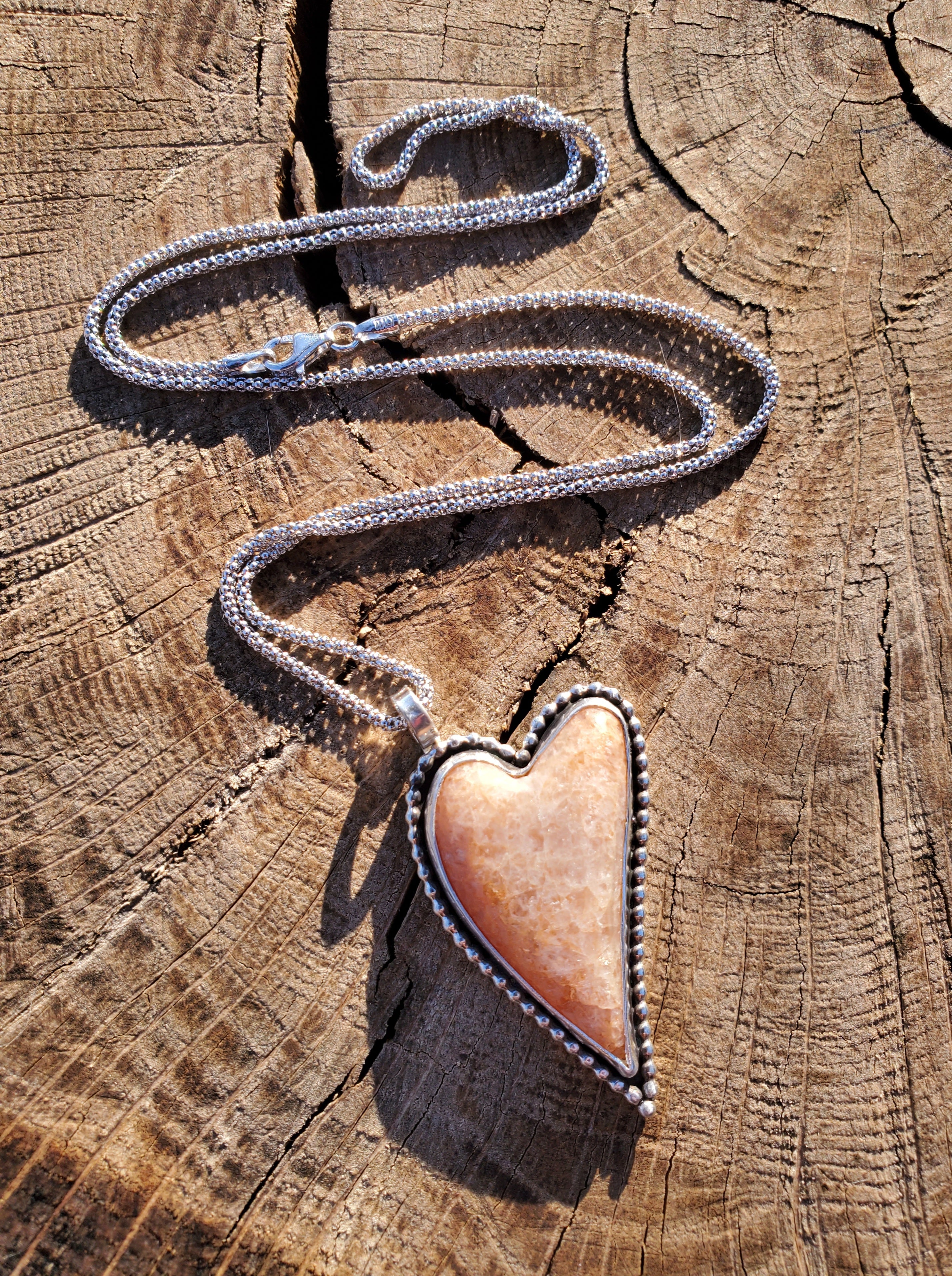 Sunstone Elongated Lopsided Heart Pendant in Solid Sterling Silver