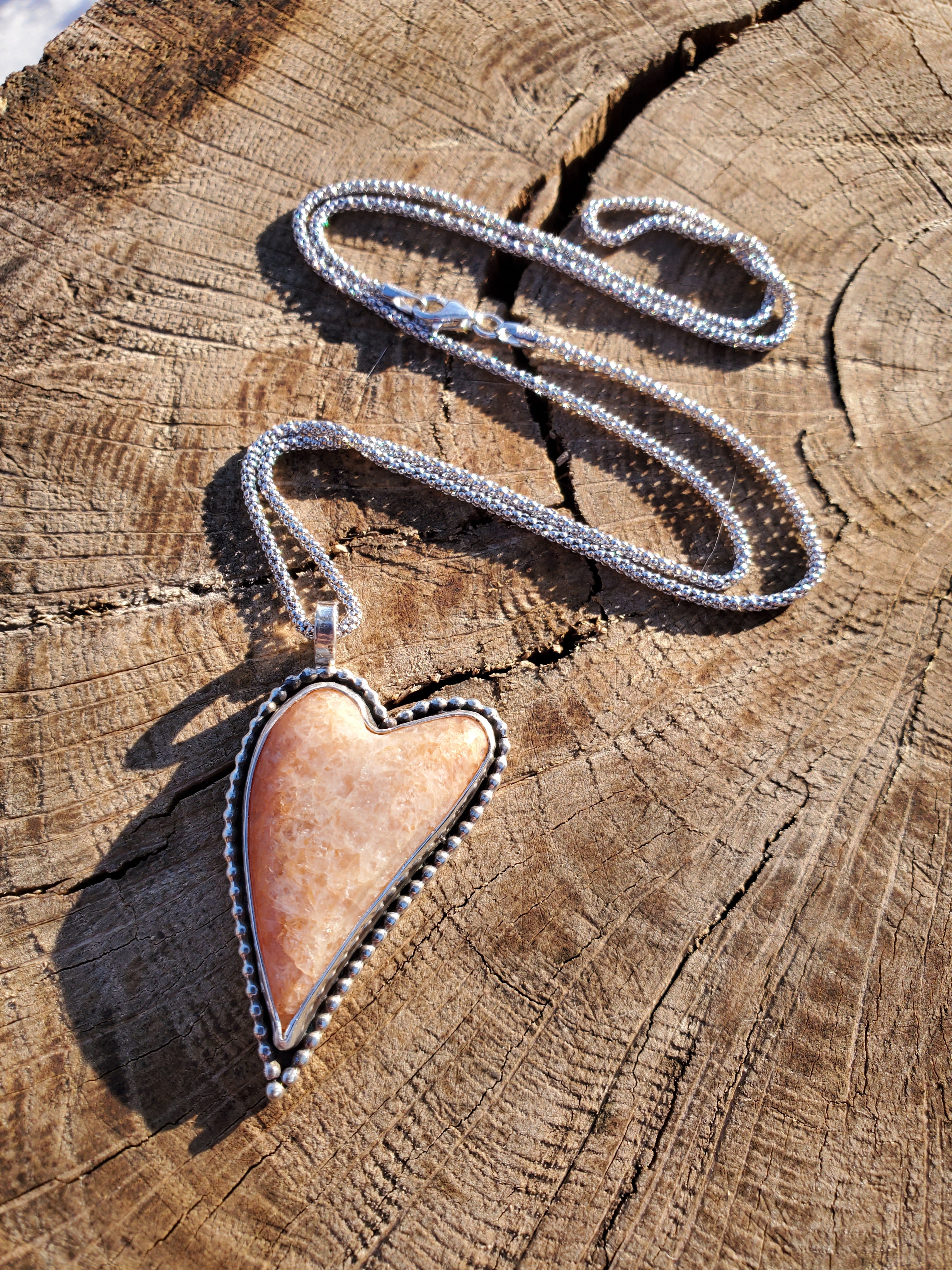 Sunstone Elongated Lopsided Heart Pendant in Solid Sterling Silver