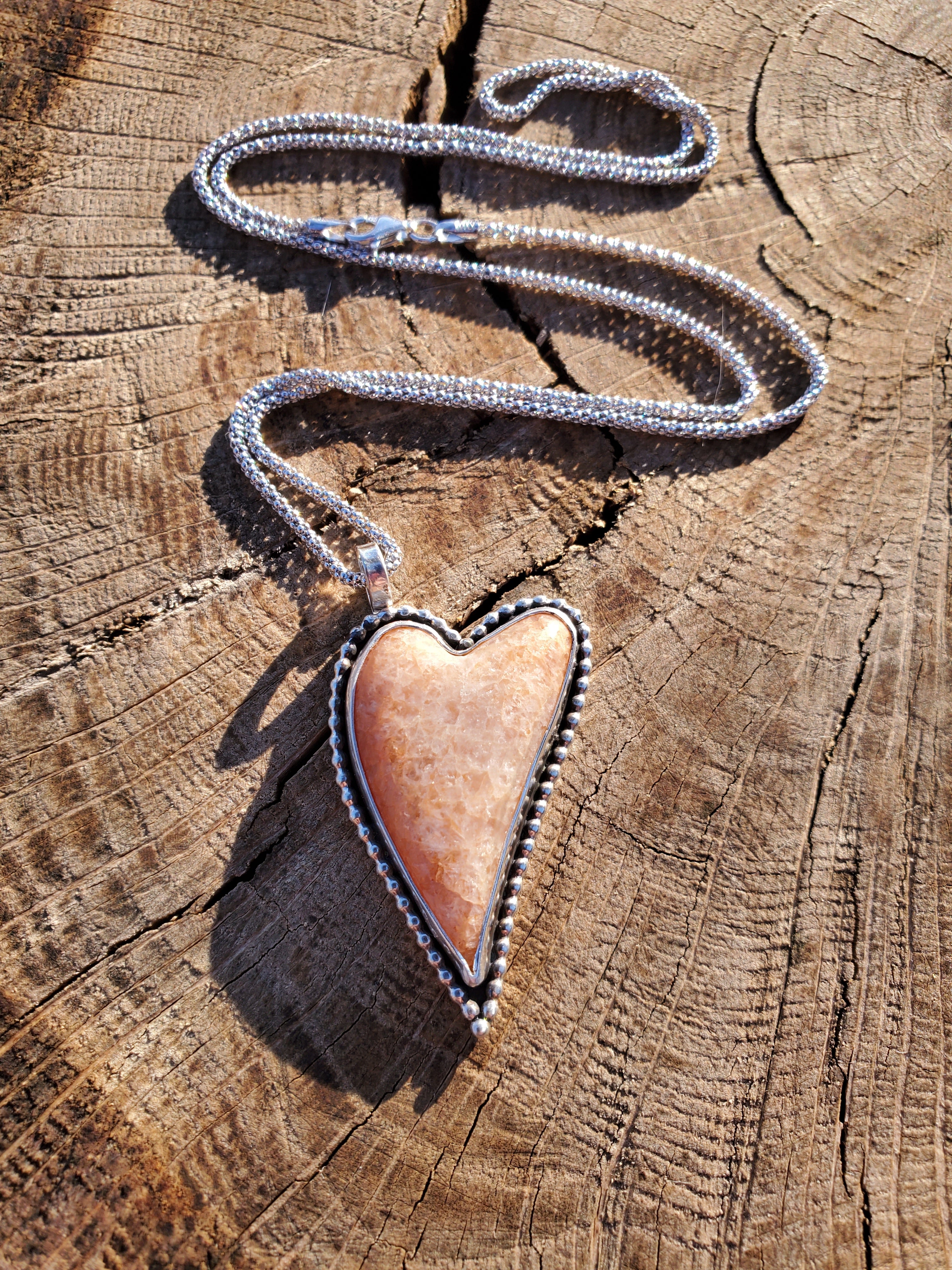 Sunstone Elongated Lopsided Heart Pendant in Solid Sterling Silver