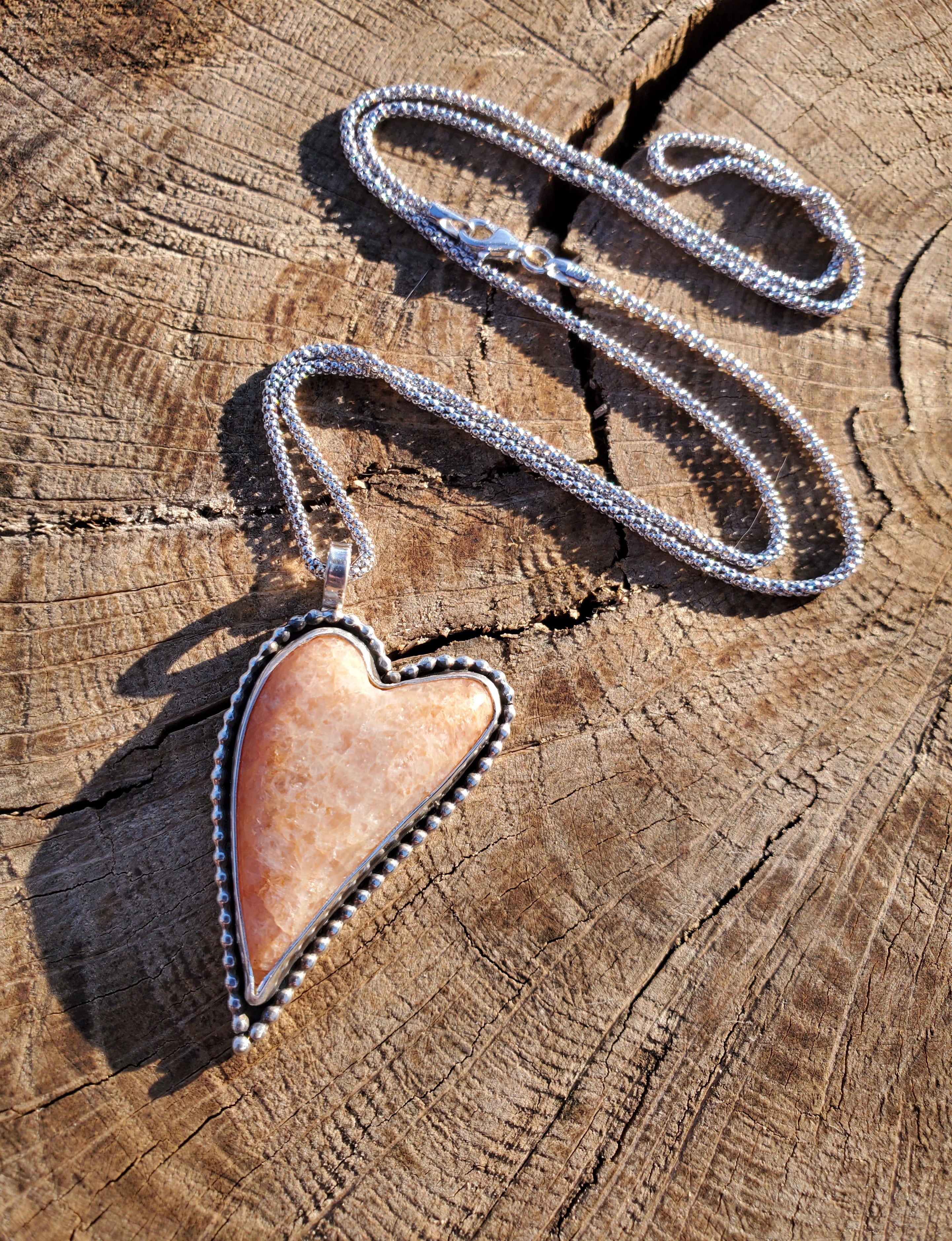 Sunstone Elongated Lopsided Heart Pendant in Solid Sterling Silver