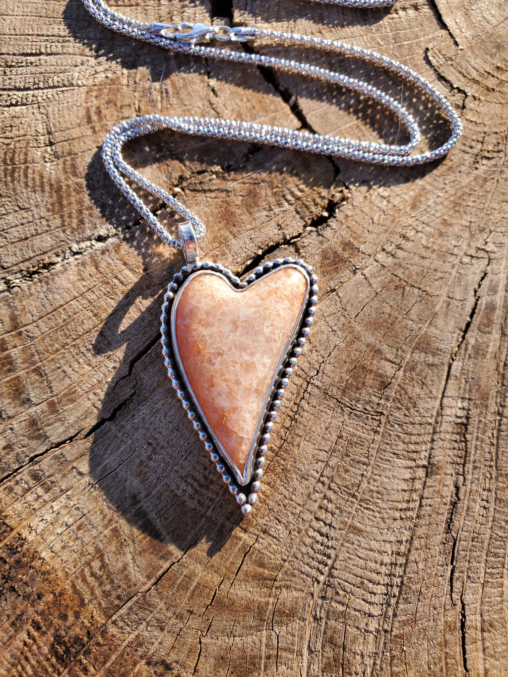 Sunstone Elongated Lopsided Heart Pendant in Solid Sterling Silver