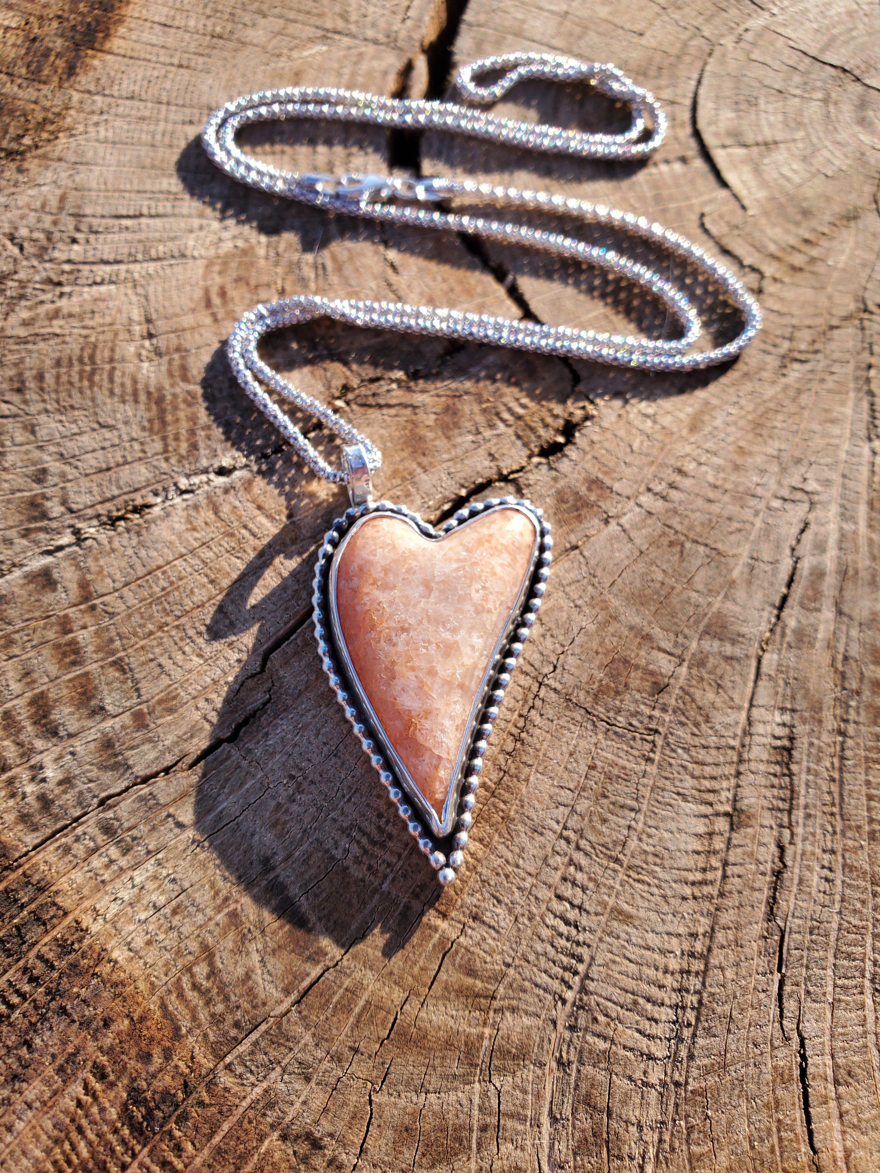 Sunstone Elongated Lopsided Heart Pendant in Solid Sterling Silver