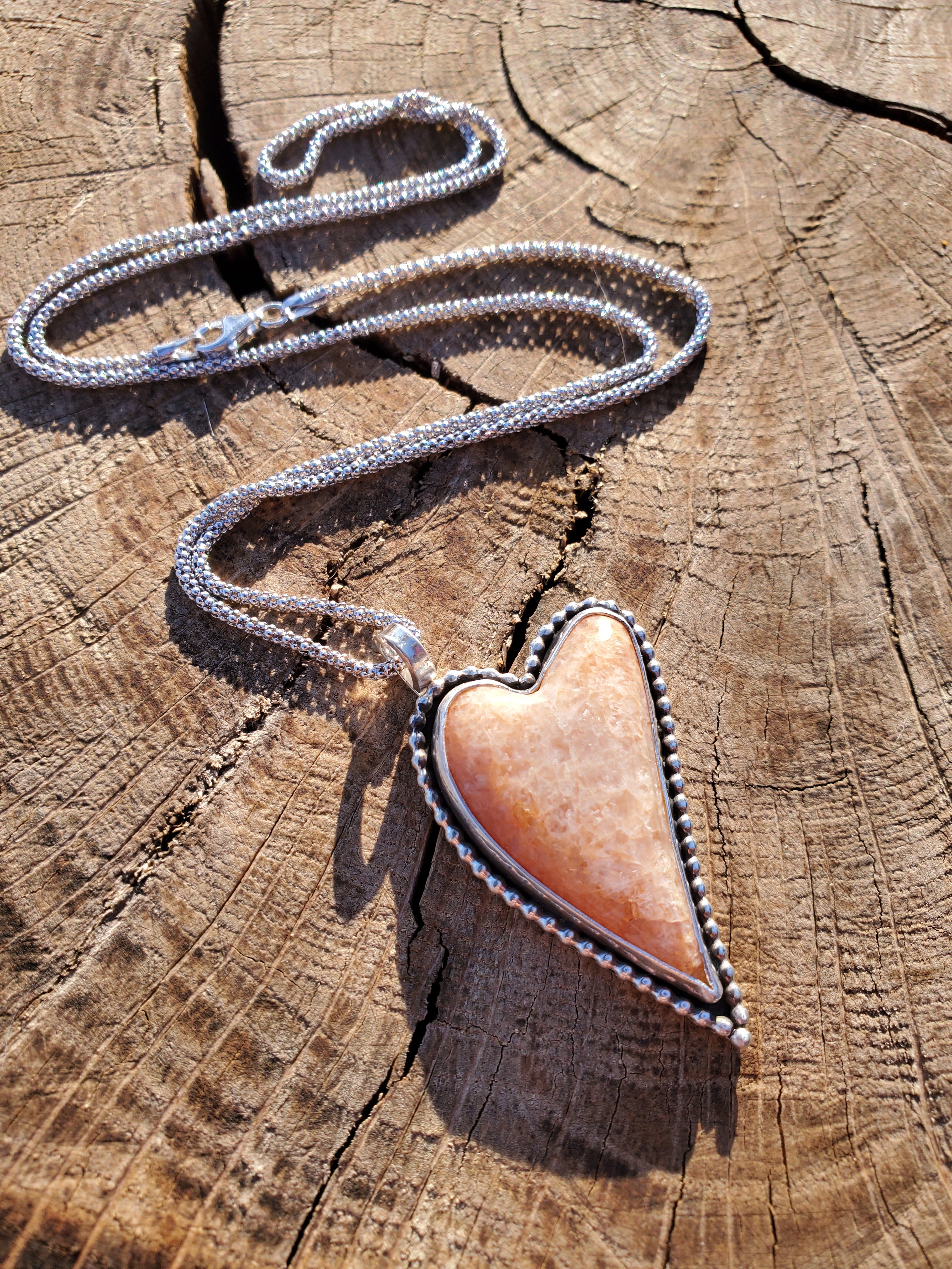 Sunstone Elongated Lopsided Heart Pendant in Solid Sterling Silver