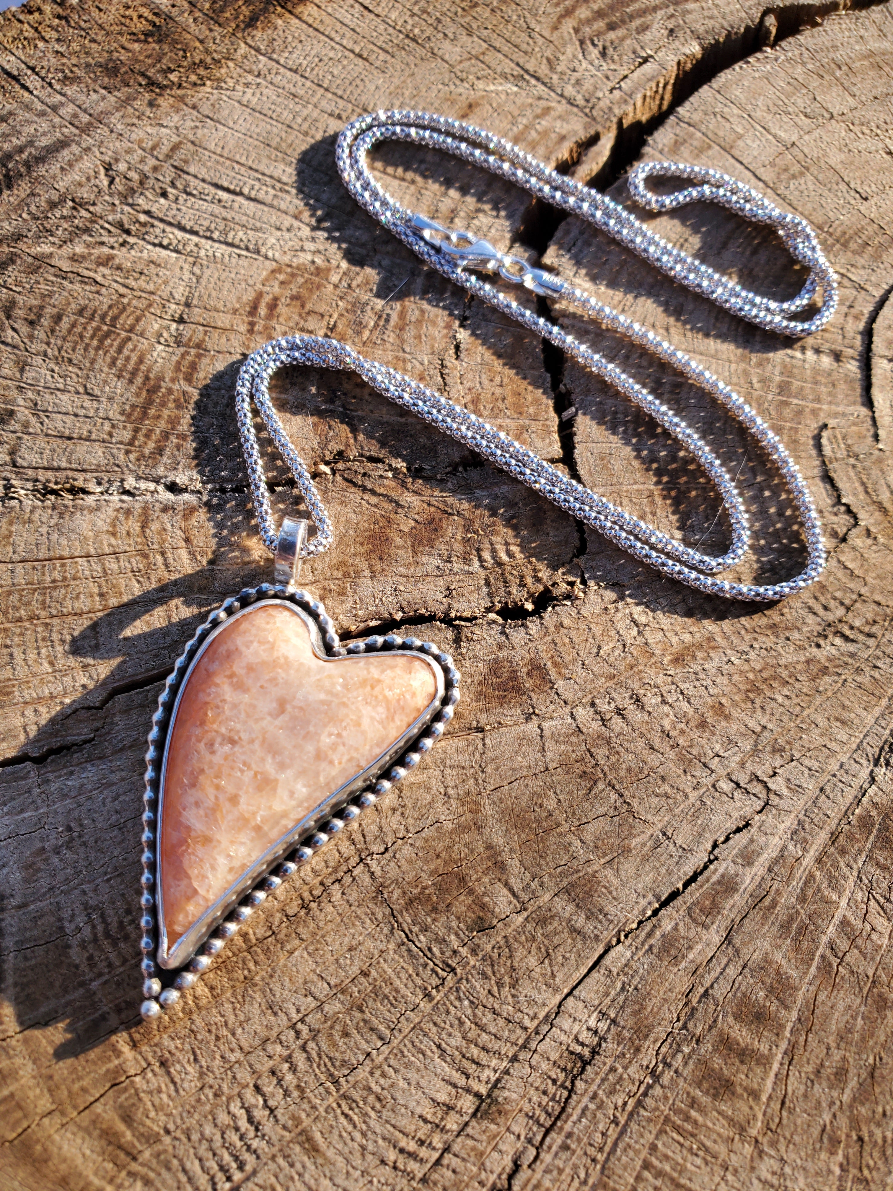 Sunstone Elongated Lopsided Heart Pendant in Solid Sterling Silver
