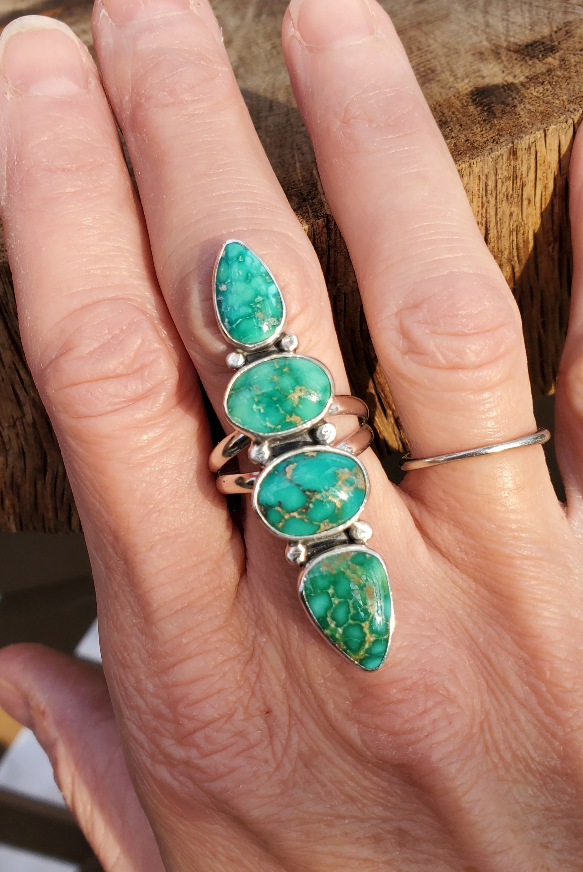 Emerald Valley Turquoise 4-stone Statement Ring in Solid Sterling Silver. Size 7.5