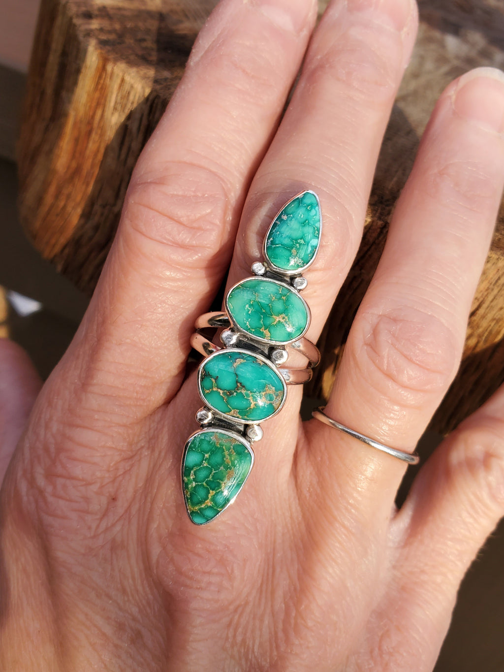 Emerald Valley Turquoise 4-stone Statement Ring in Solid Sterling Silver. Size 7.5