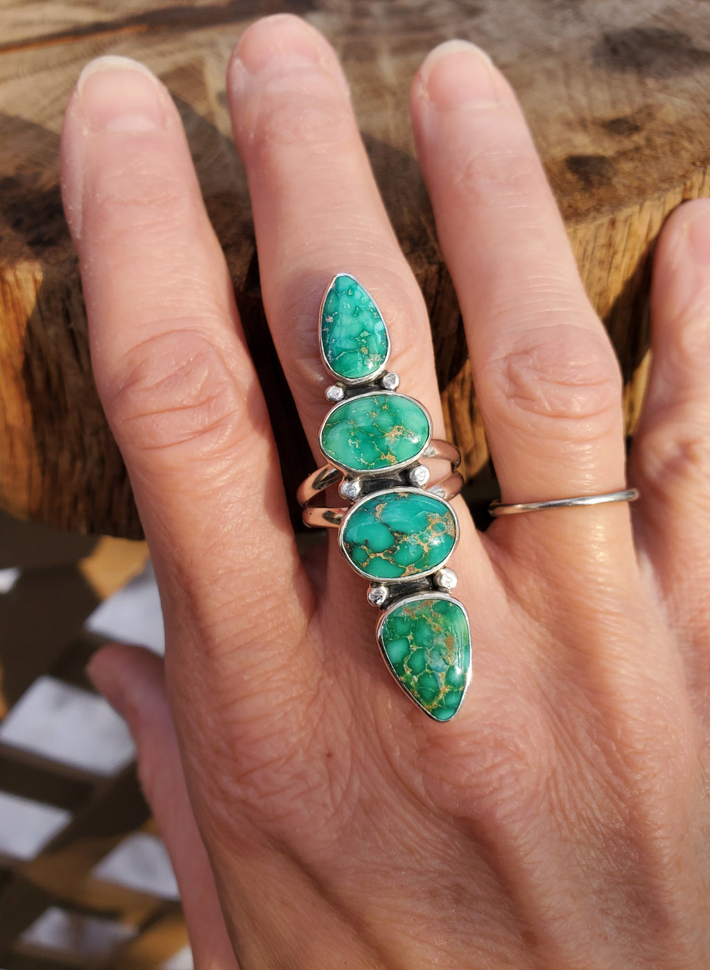Emerald Valley Turquoise 4-stone Statement Ring in Solid Sterling Silver. Size 7.5