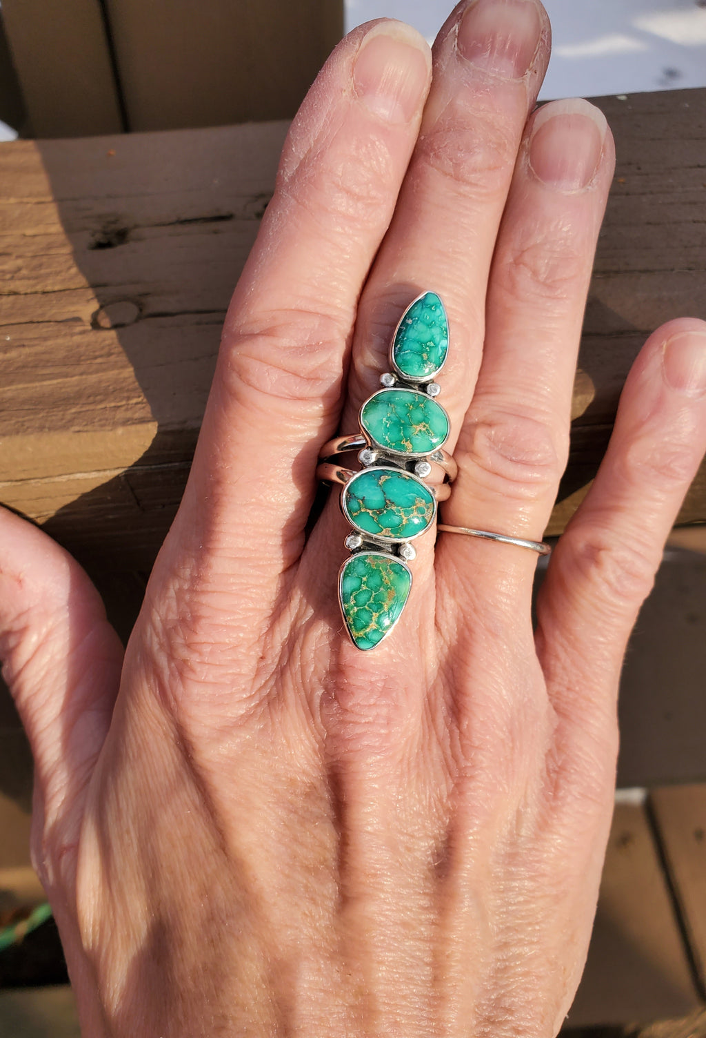 Emerald Valley Turquoise 4-stone Statement Ring in Solid Sterling Silver. Size 7.5