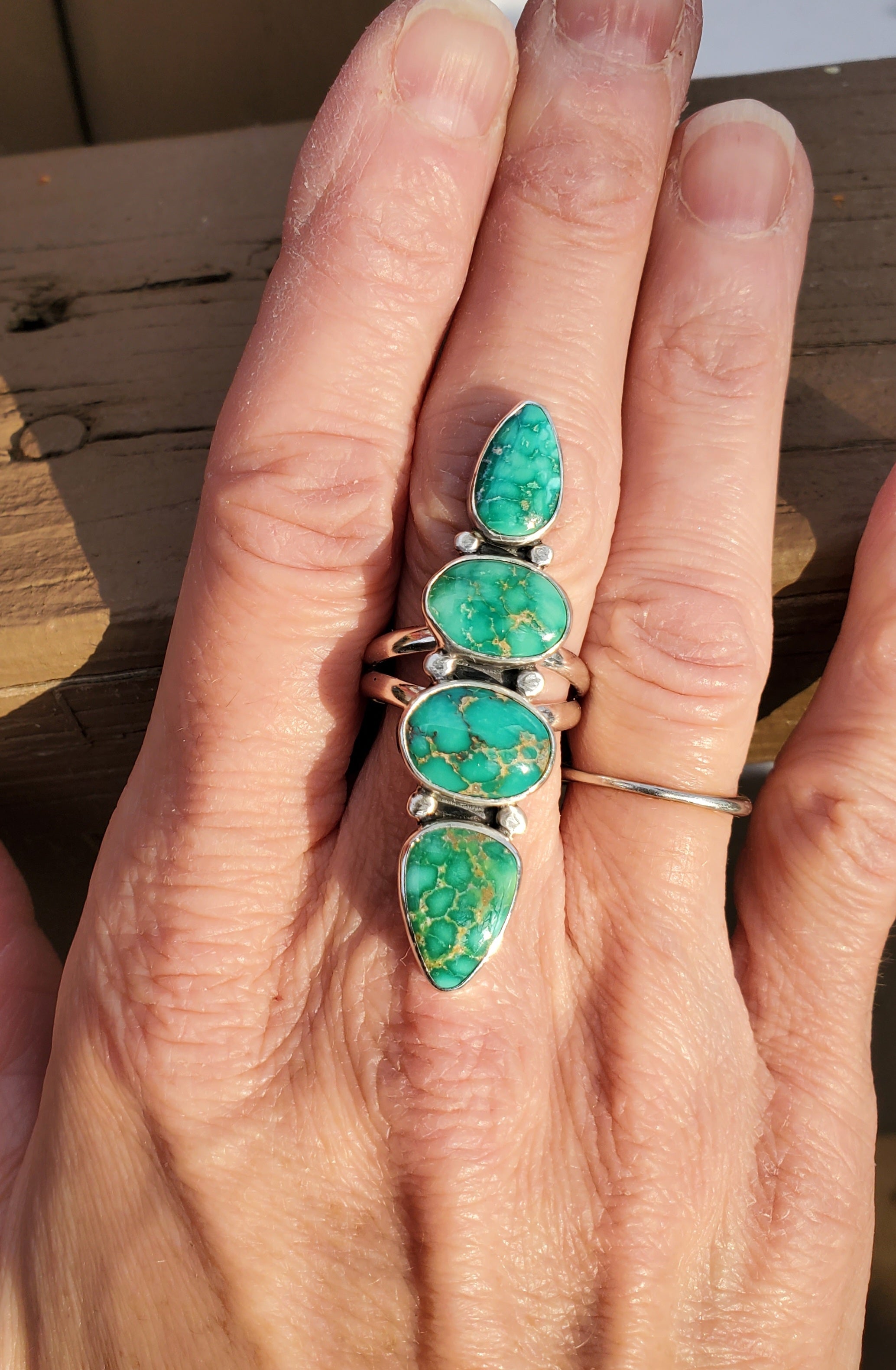 Emerald Valley Turquoise 4-stone Statement Ring in Solid Sterling Silver. Size 7.5