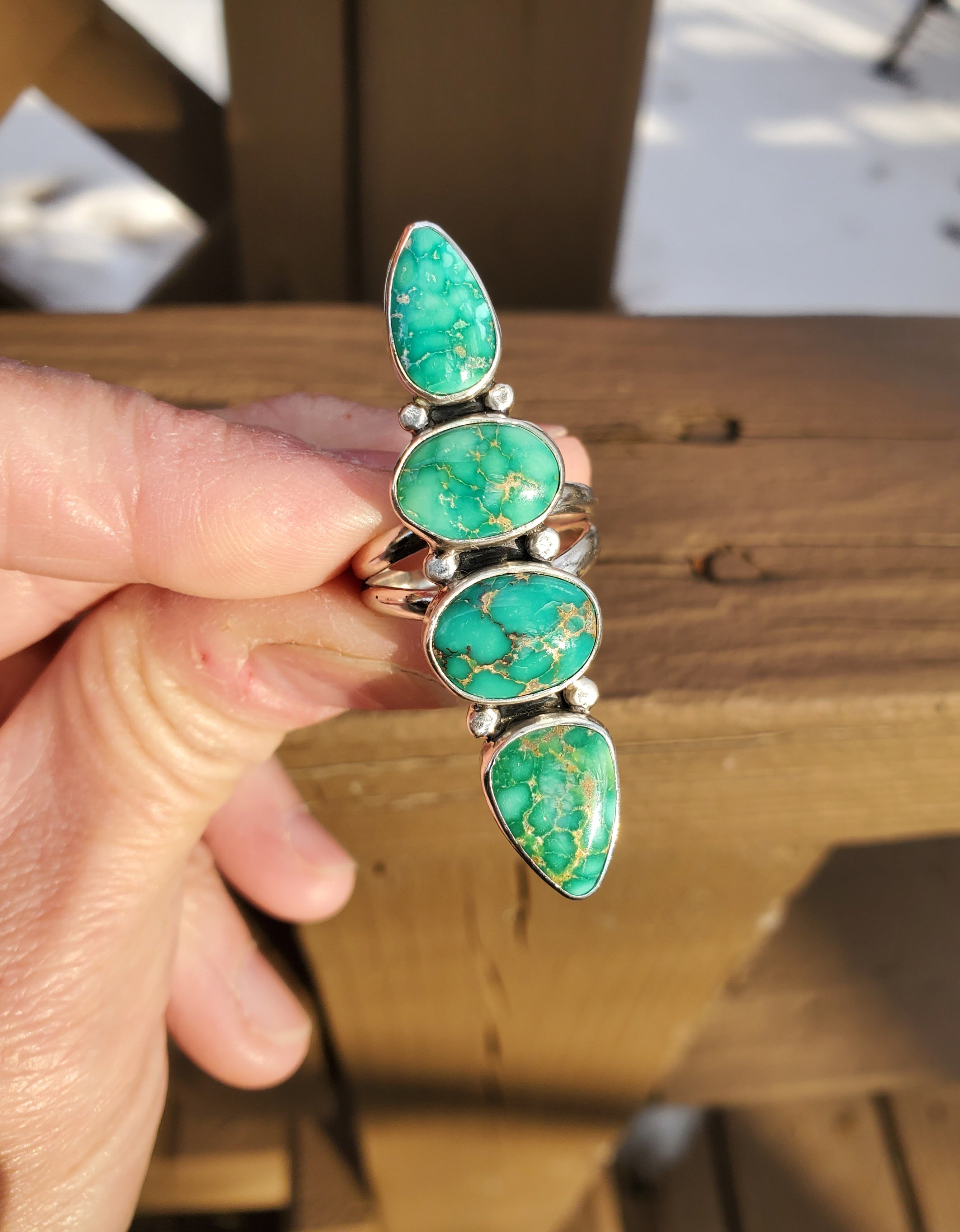 Emerald Valley Turquoise 4-stone Statement Ring in Solid Sterling Silver. Size 7.5