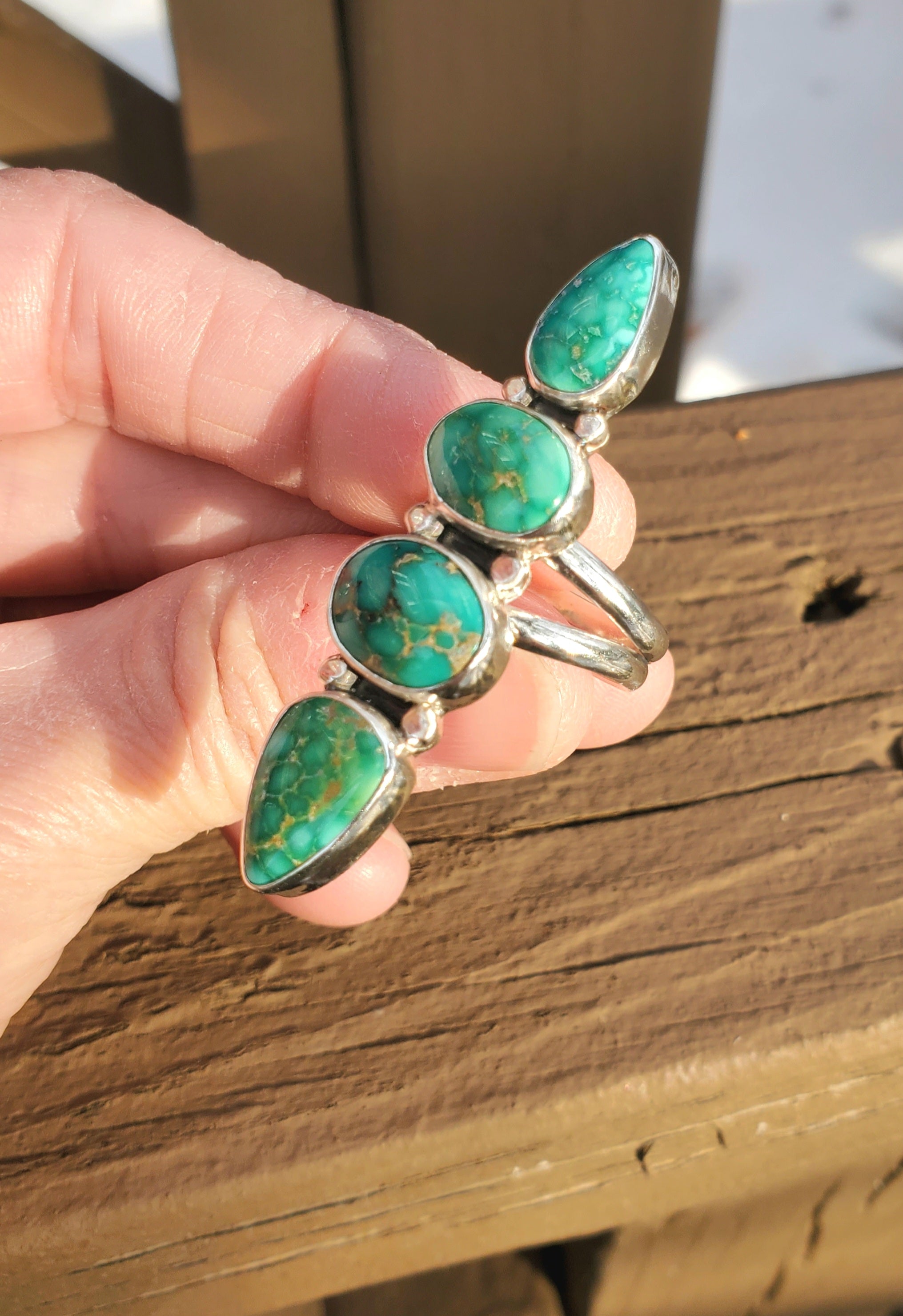 Emerald Valley Turquoise 4-stone Statement Ring in Solid Sterling Silver. Size 7.5