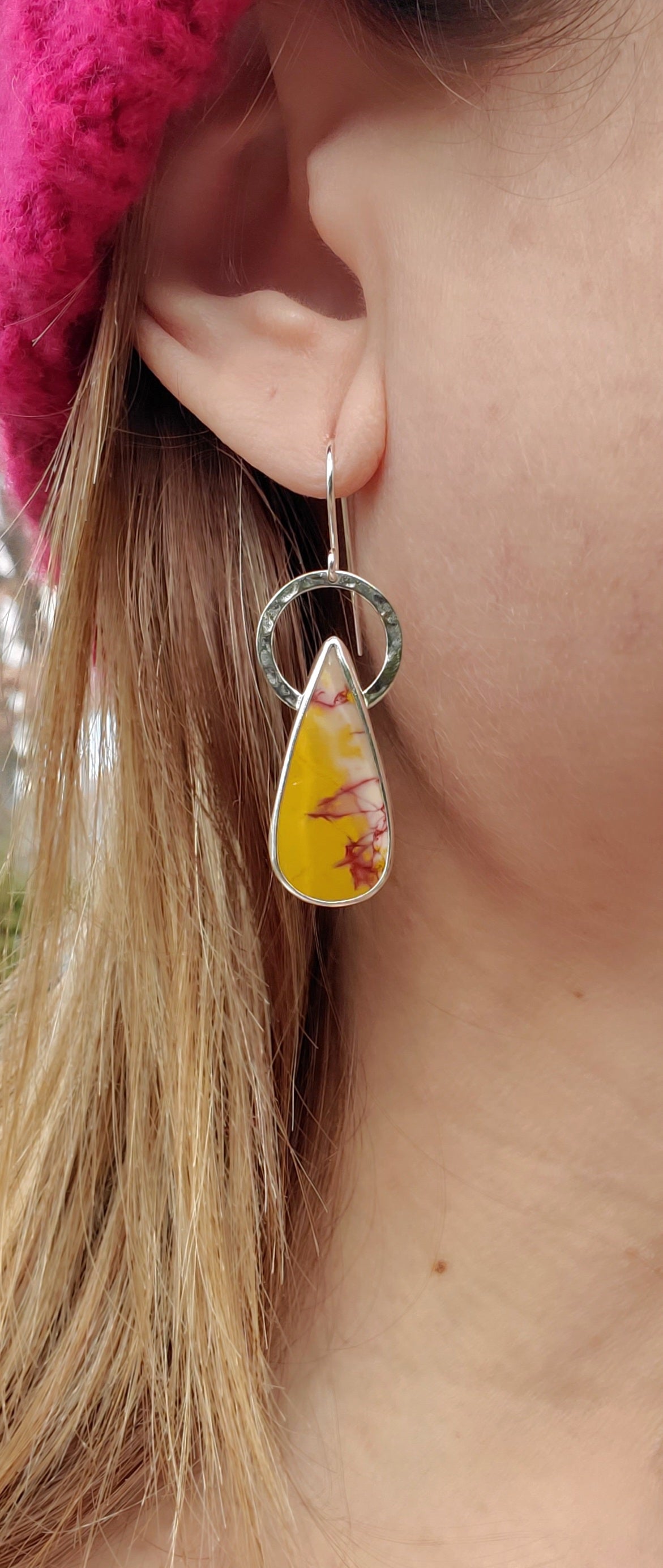 Imperial Jasper Yellow and Red Teardrop Dangle Earrings in Solid Sterling Silver