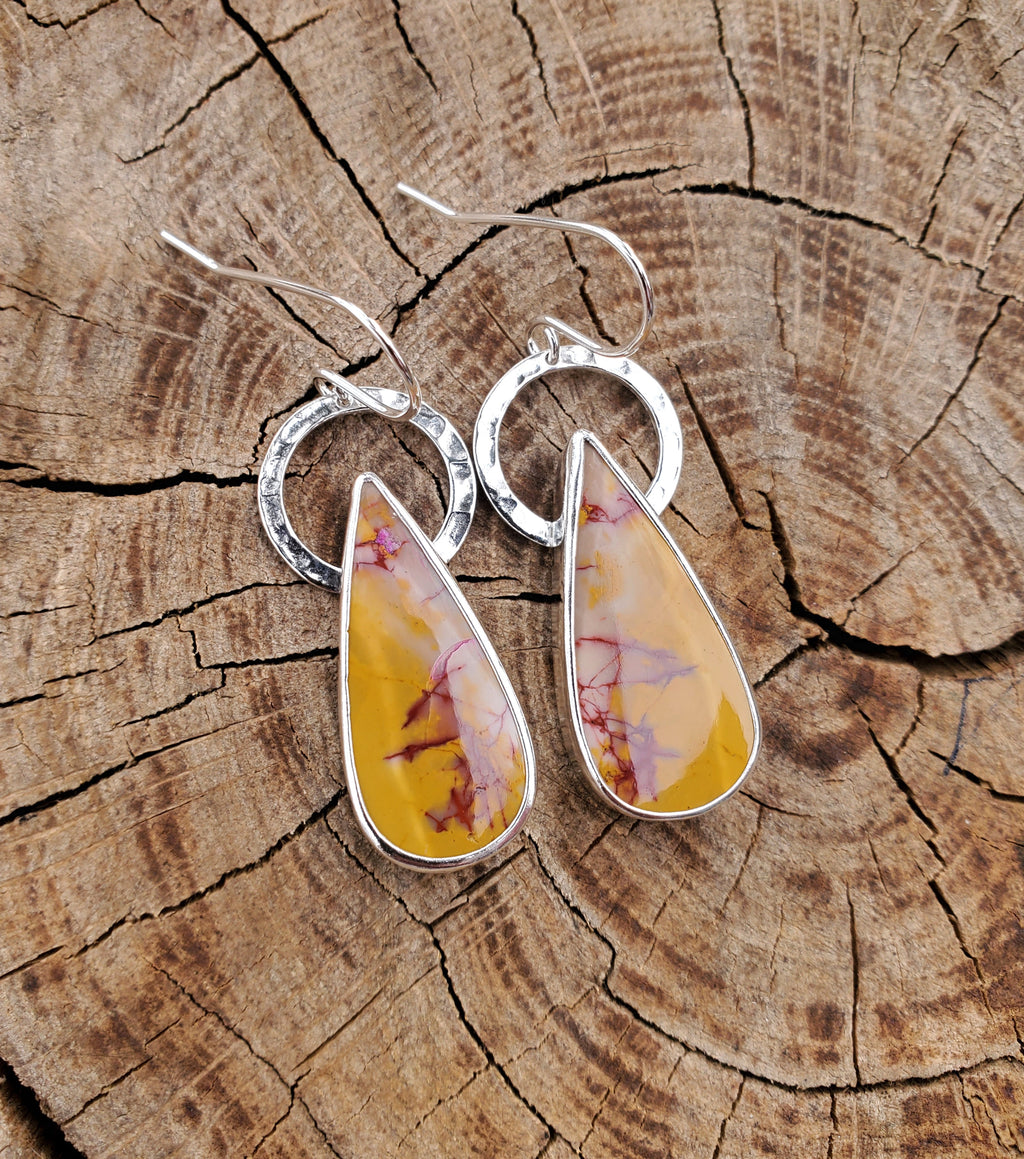 Imperial Jasper Yellow and Red Teardrop Dangle Earrings in Solid Sterling Silver