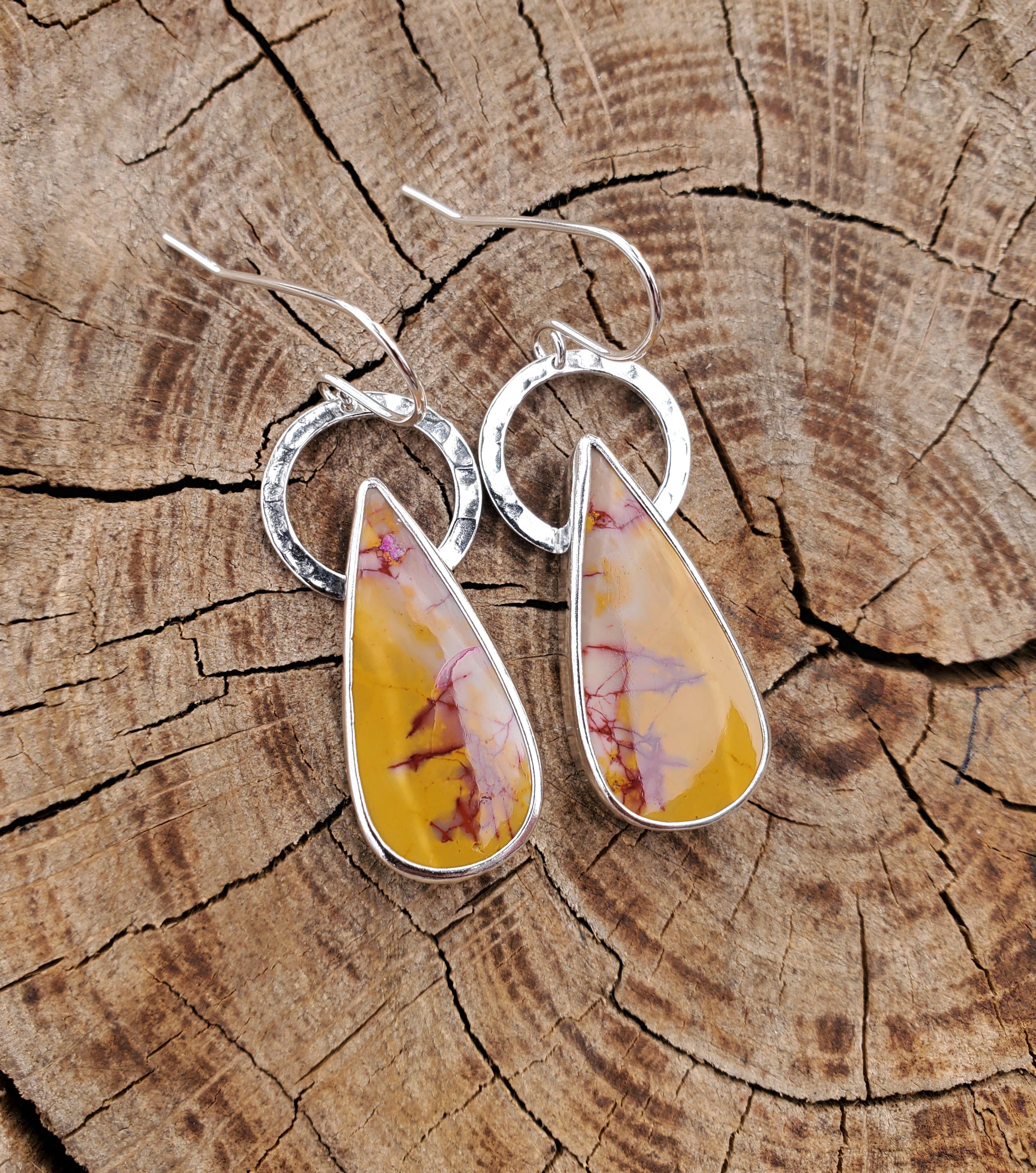 Imperial Jasper Yellow and Red Teardrop Dangle Earrings in Solid Sterling Silver