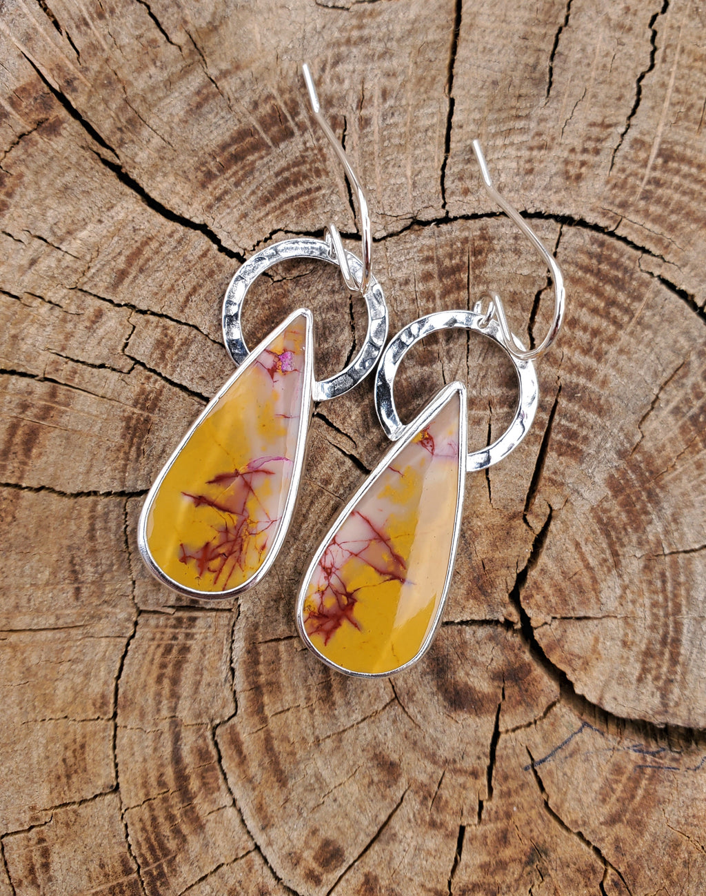 Imperial Jasper Yellow and Red Teardrop Dangle Earrings in Solid Sterling Silver