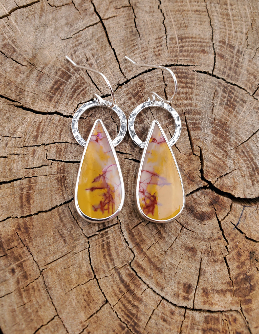Imperial Jasper Yellow and Red Teardrop Dangle Earrings in Solid Sterling Silver