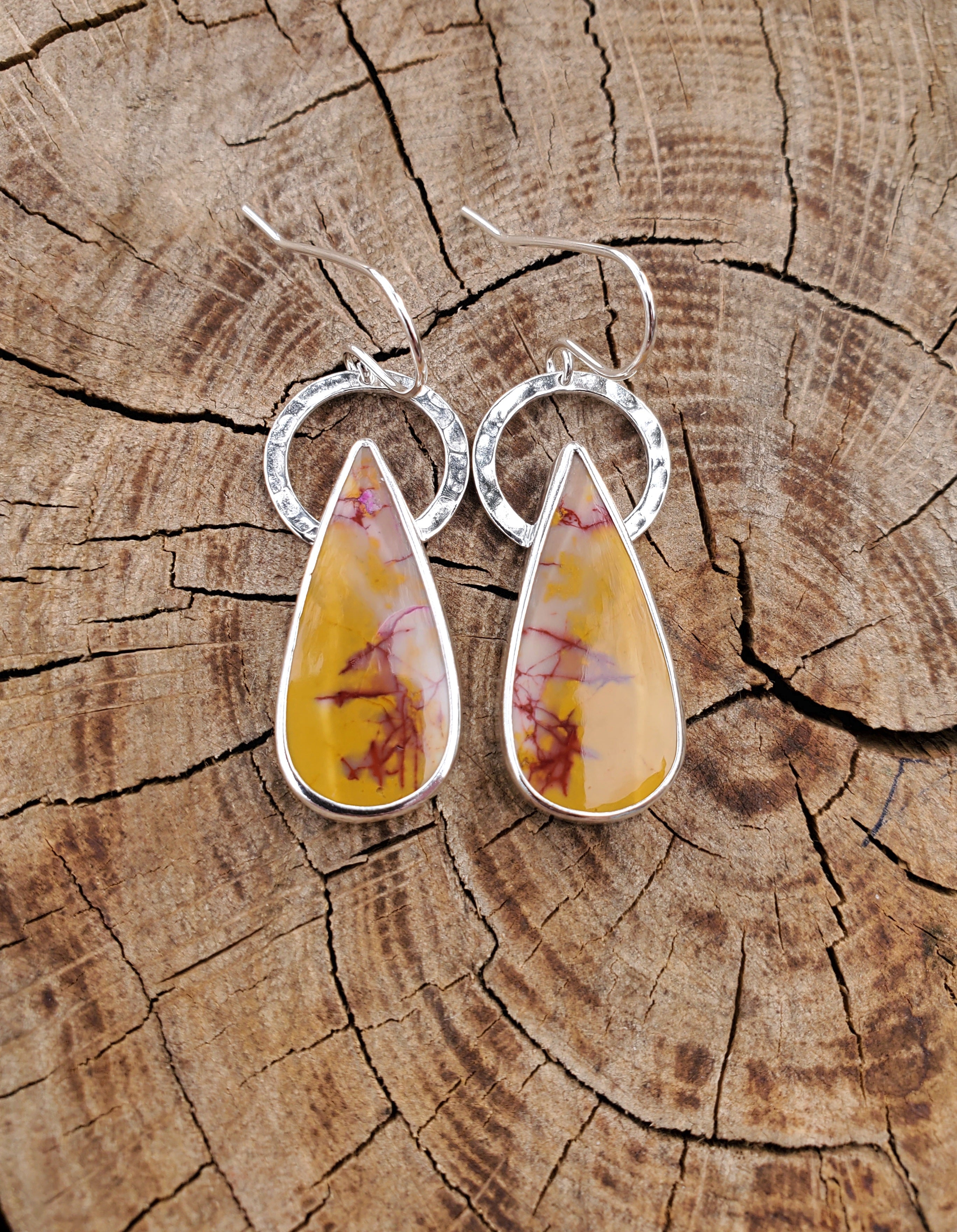 Imperial Jasper Yellow and Red Teardrop Dangle Earrings in Solid Sterling Silver