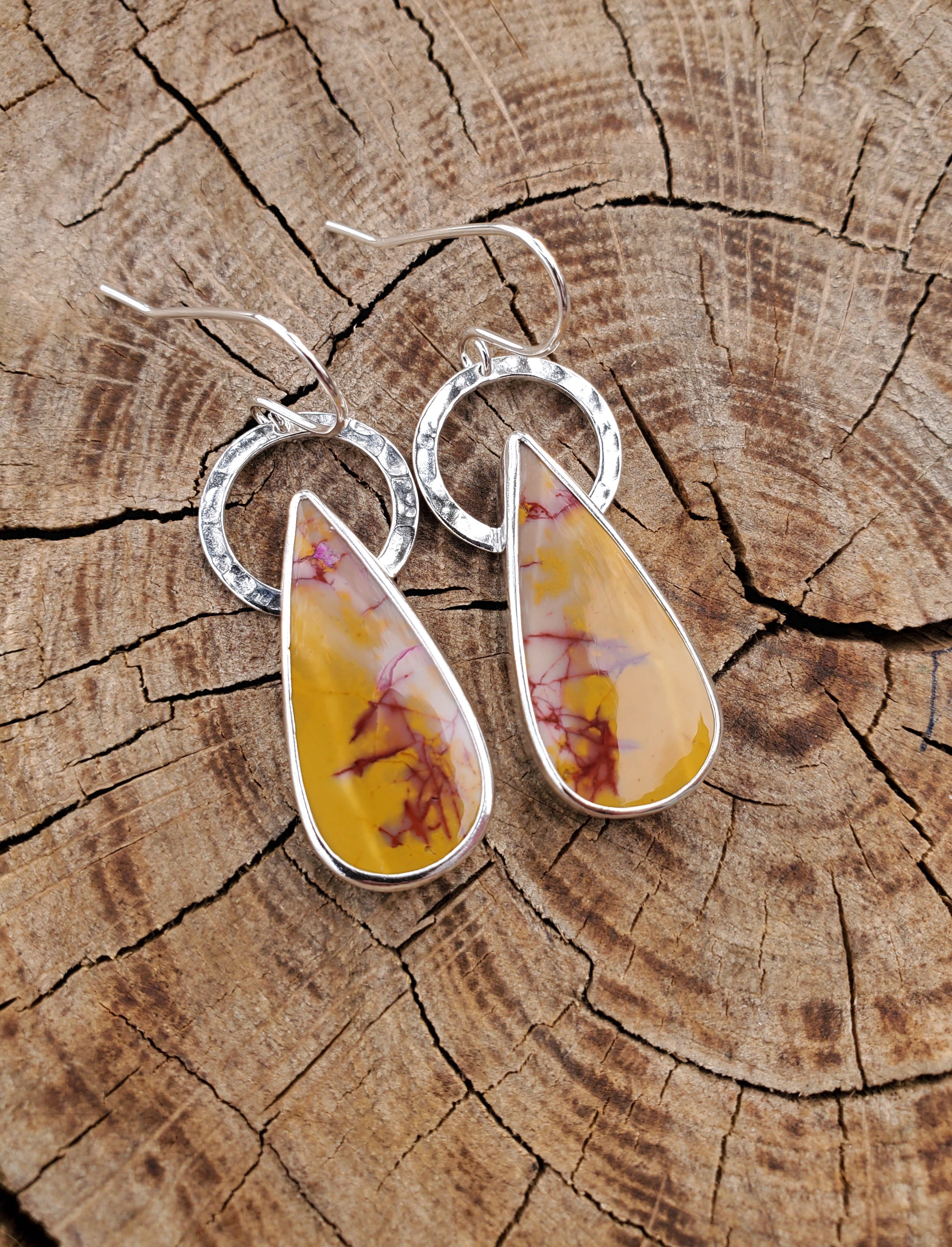 Imperial Jasper Yellow and Red Teardrop Dangle Earrings in Solid Sterling Silver