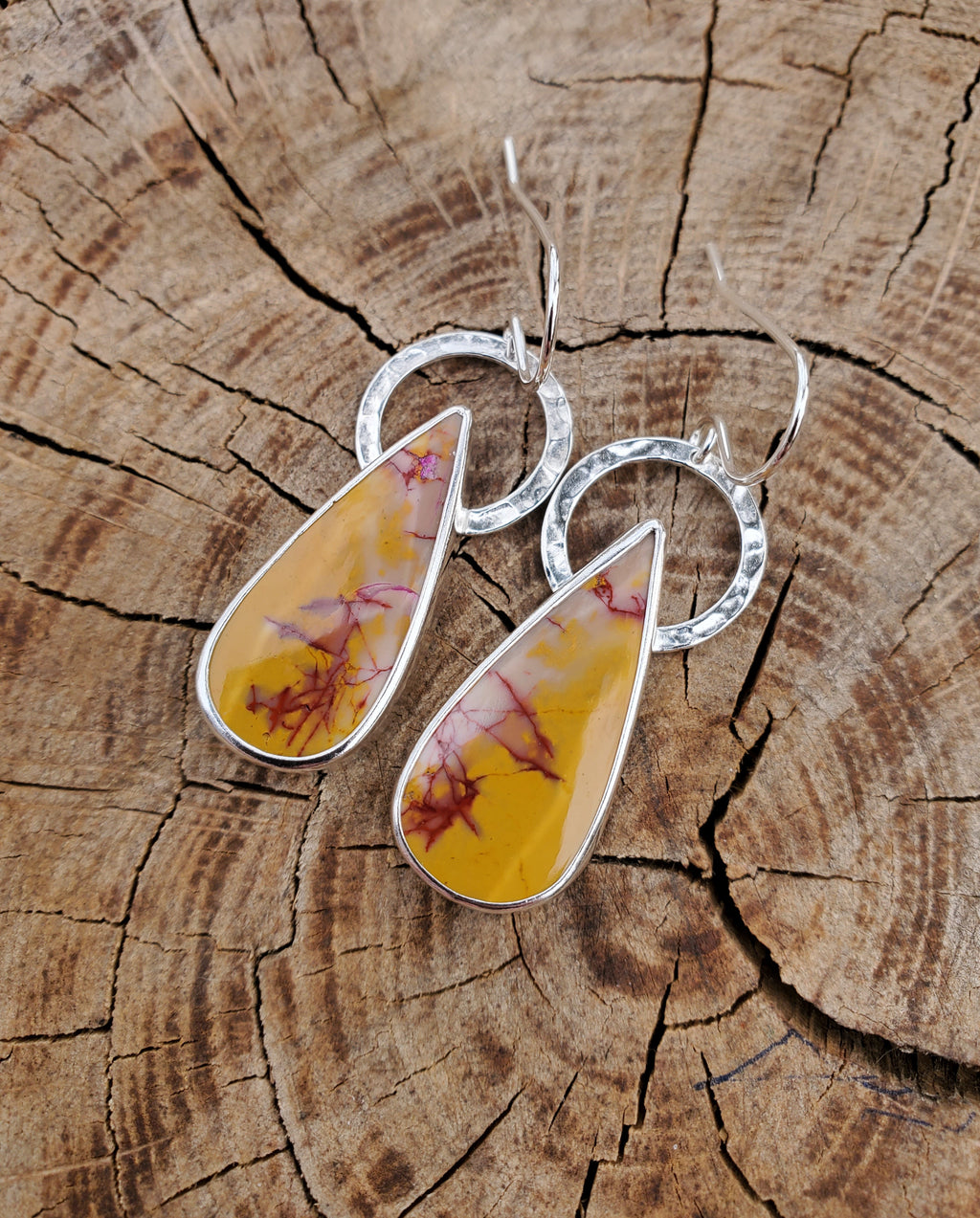 Imperial Jasper Yellow and Red Teardrop Dangle Earrings in Solid Sterling Silver