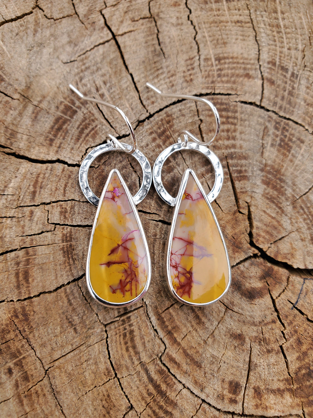 Imperial Jasper Yellow and Red Teardrop Dangle Earrings in Solid Sterling Silver