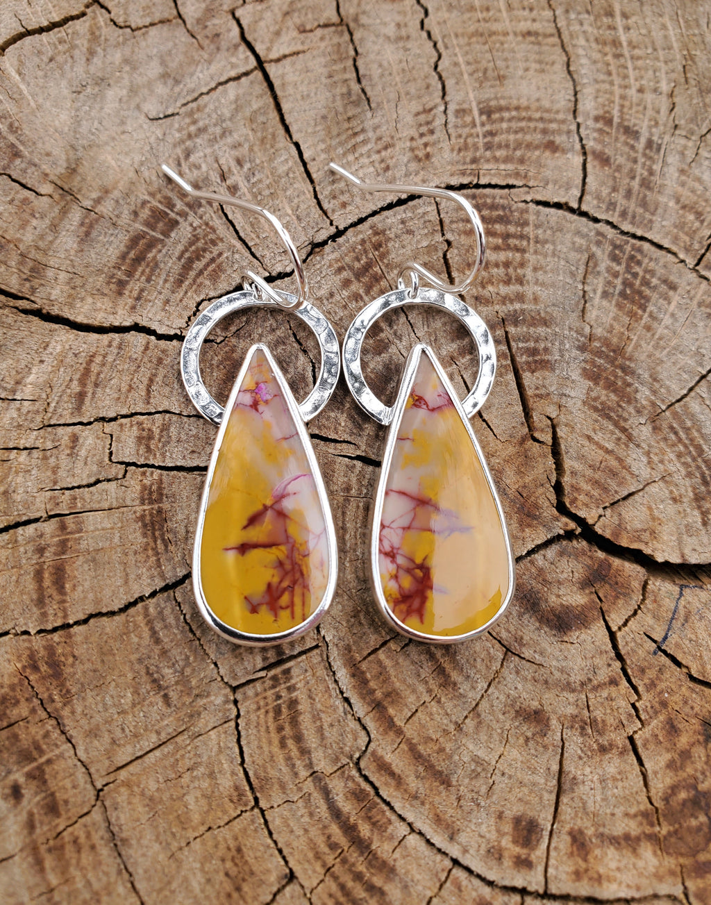 Imperial Jasper Yellow and Red Teardrop Dangle Earrings in Solid Sterling Silver