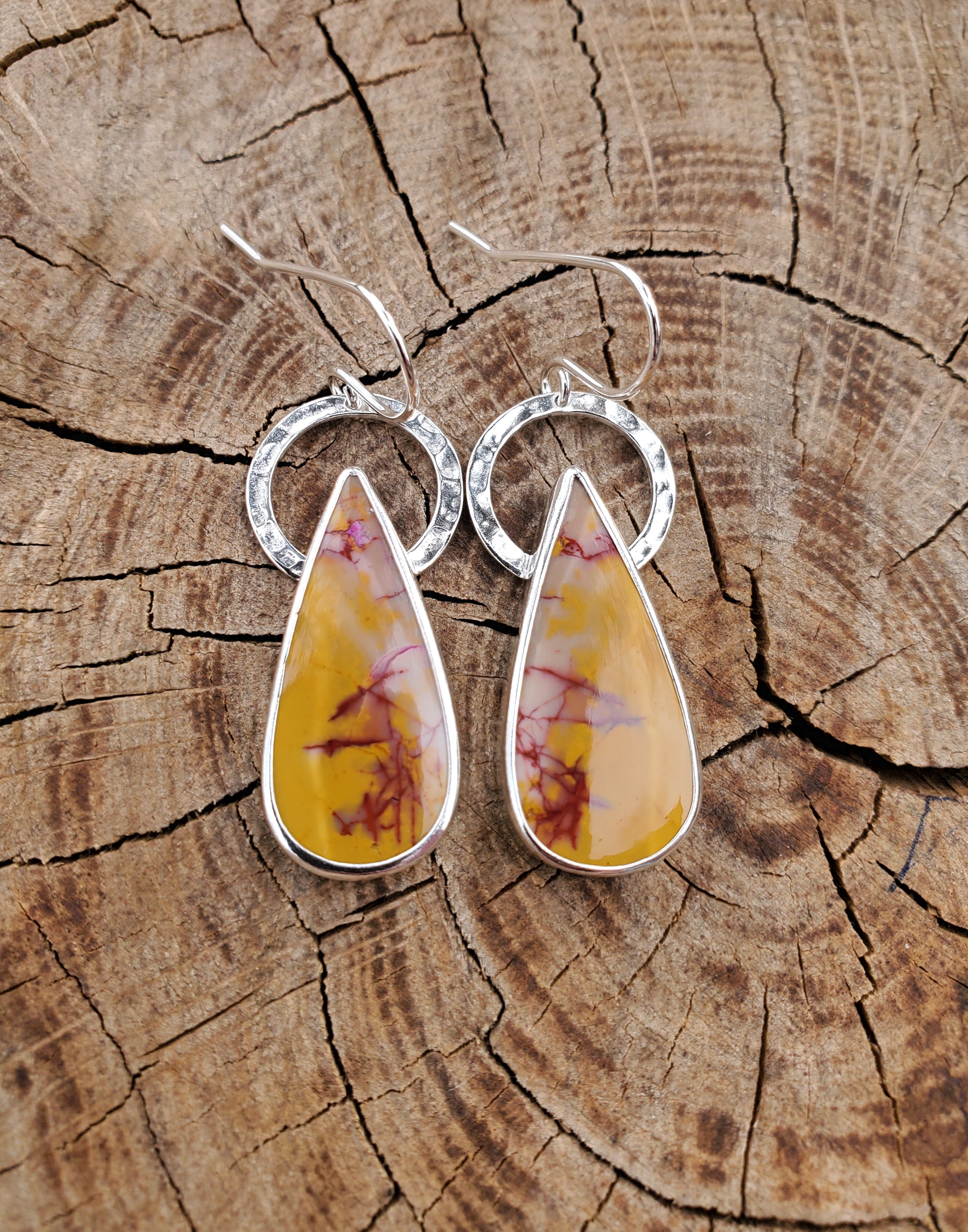 Imperial Jasper Yellow and Red Teardrop Dangle Earrings in Solid Sterling Silver